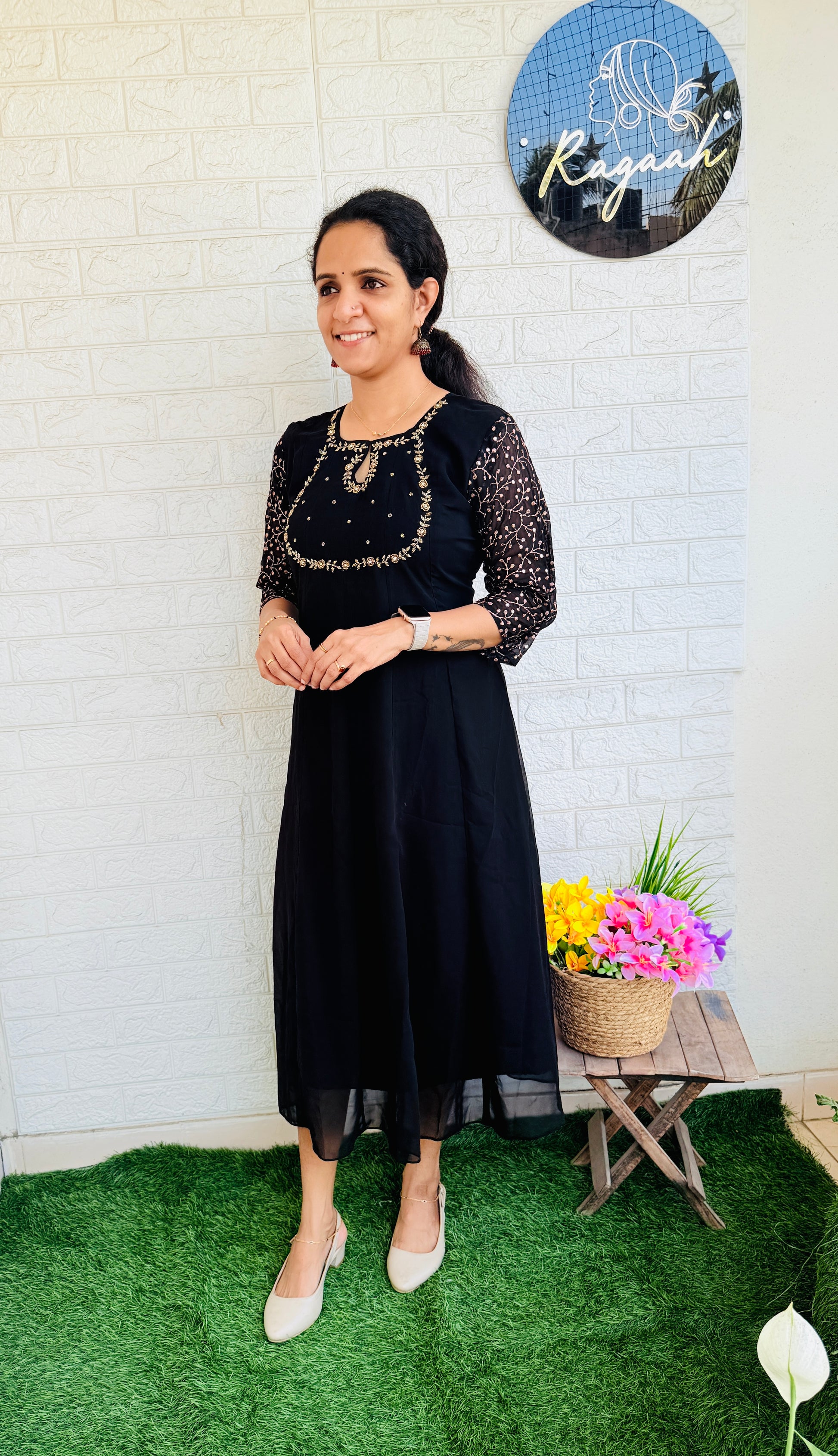 Georgette Anarkali with Zari Embroidered Sleeves RG835 Black
