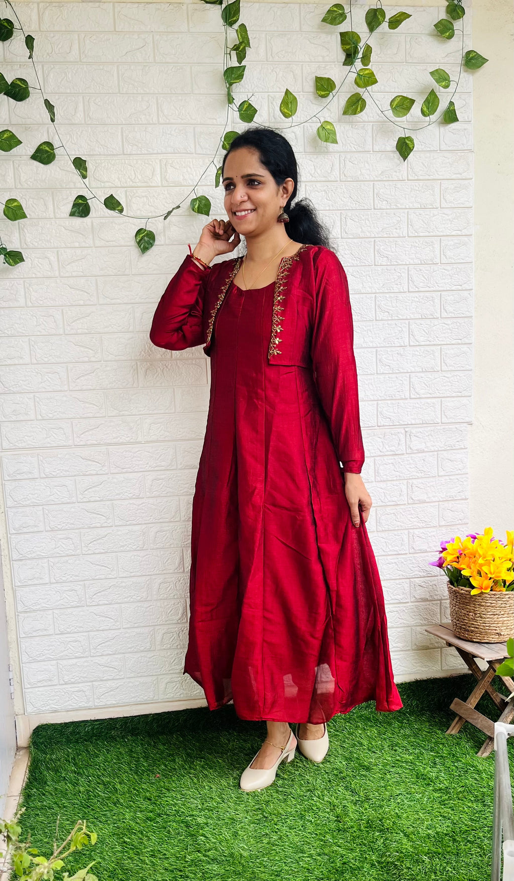 Removable jacket aline kurti with handwork dark red RG521