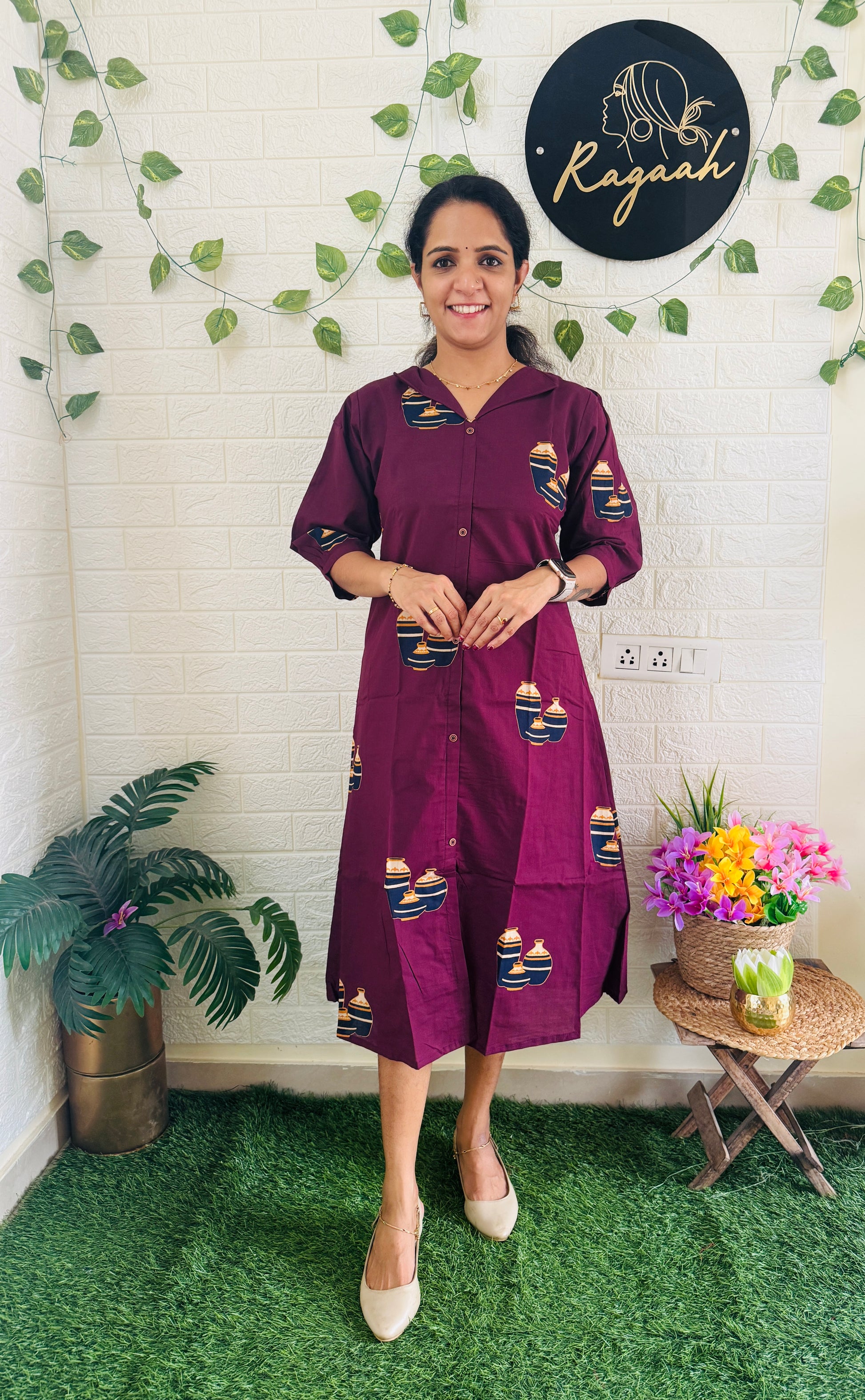 Summer Cotton Shirt Dress Wine RG896