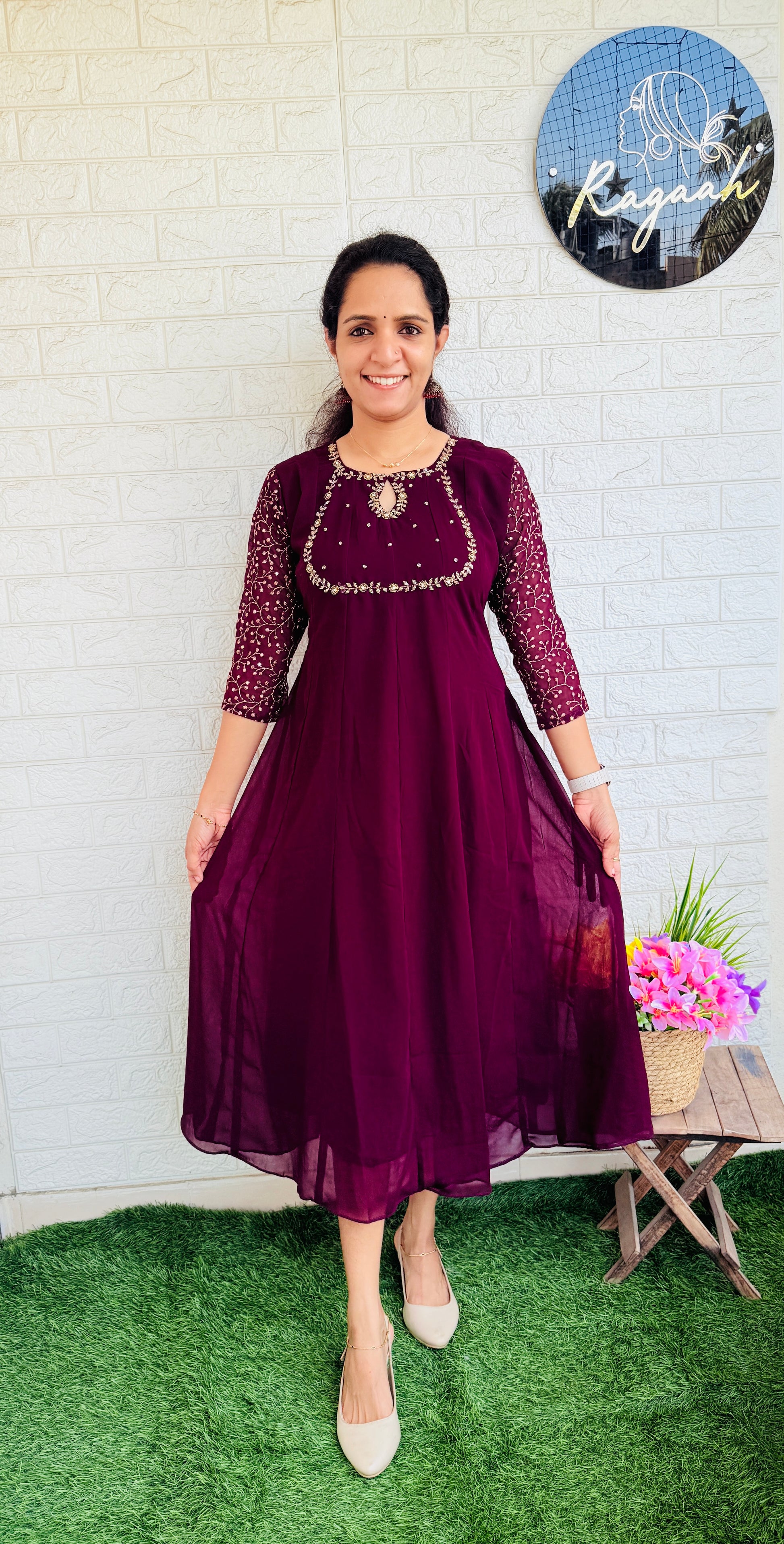 Georgette Anarkali with Zari Embroidered Sleeves RG836 Grape Wine