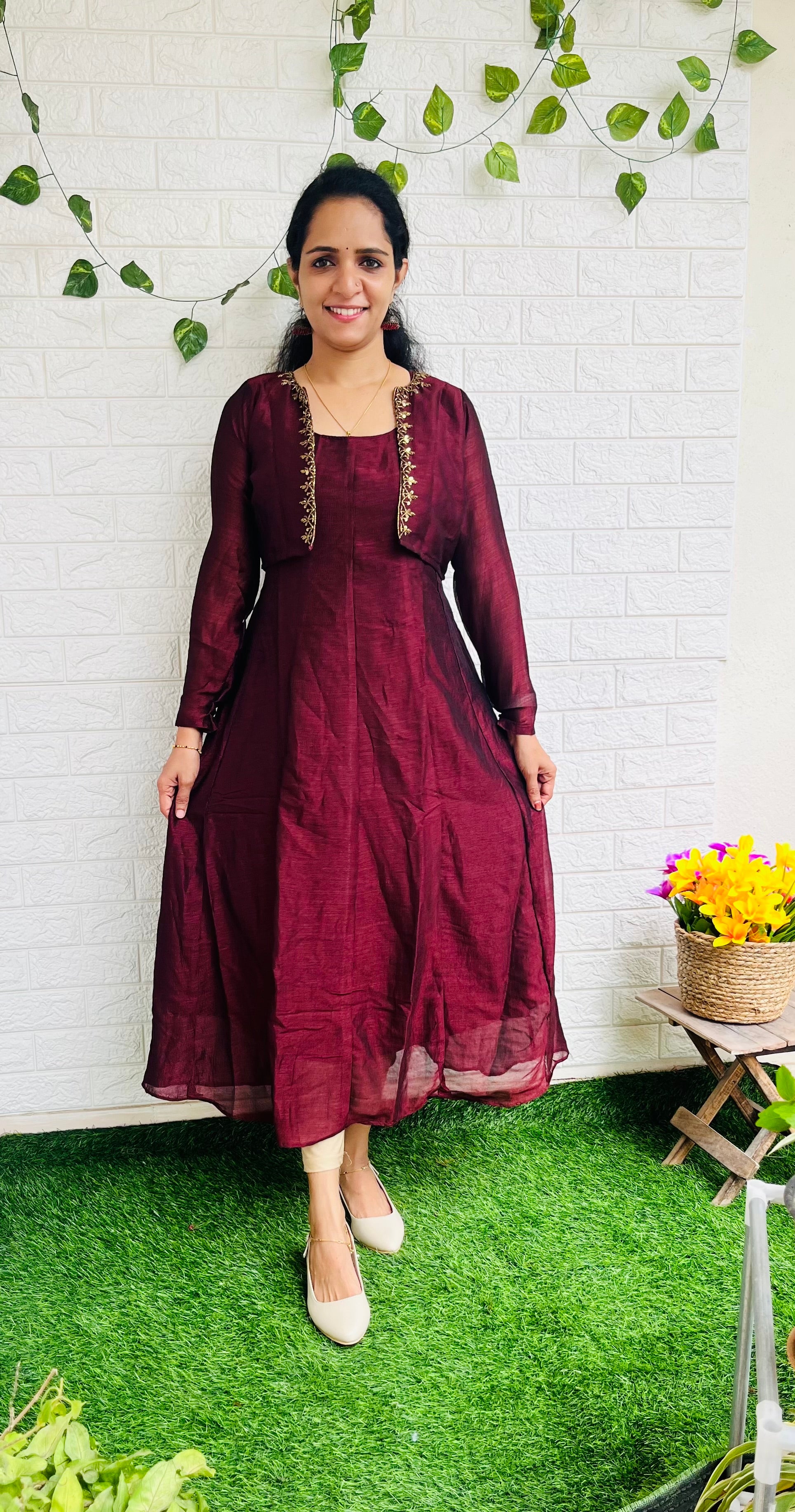 Removable jacket aline kurti with handwork brown RG521