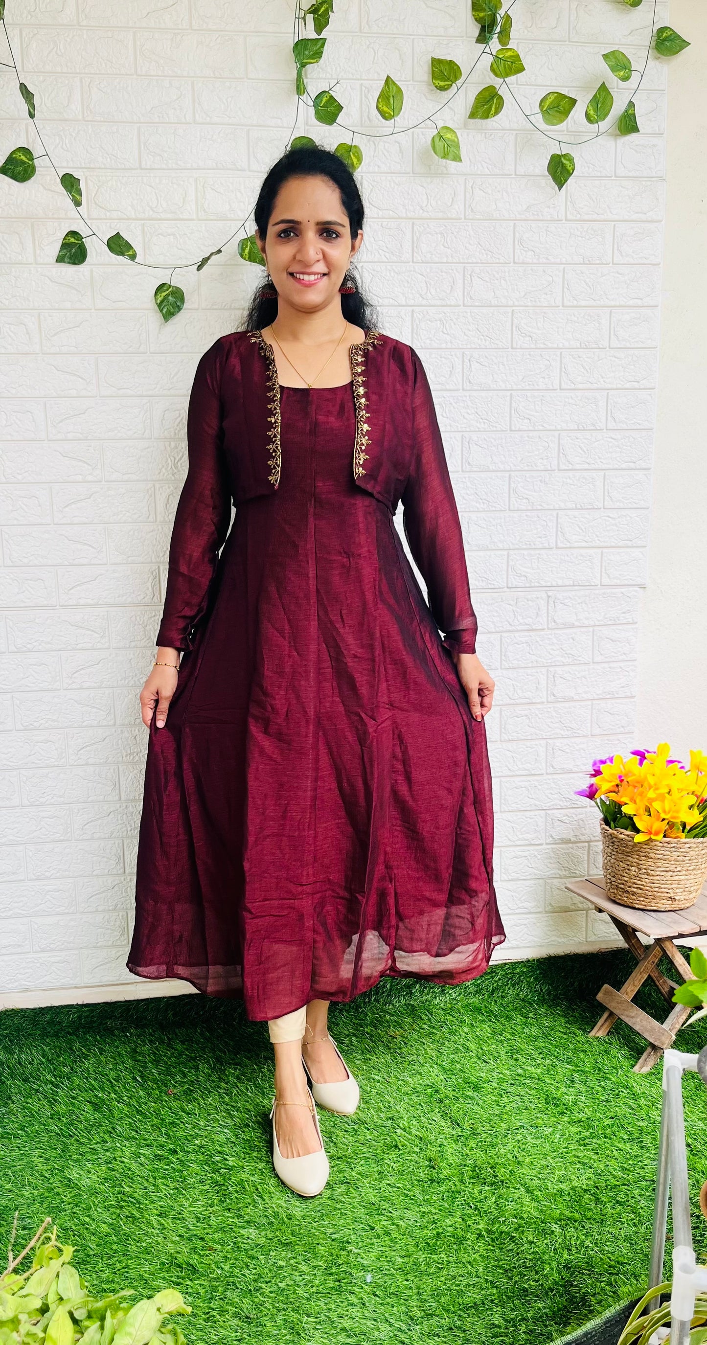 Removable jacket aline kurti with handwork brown RG521