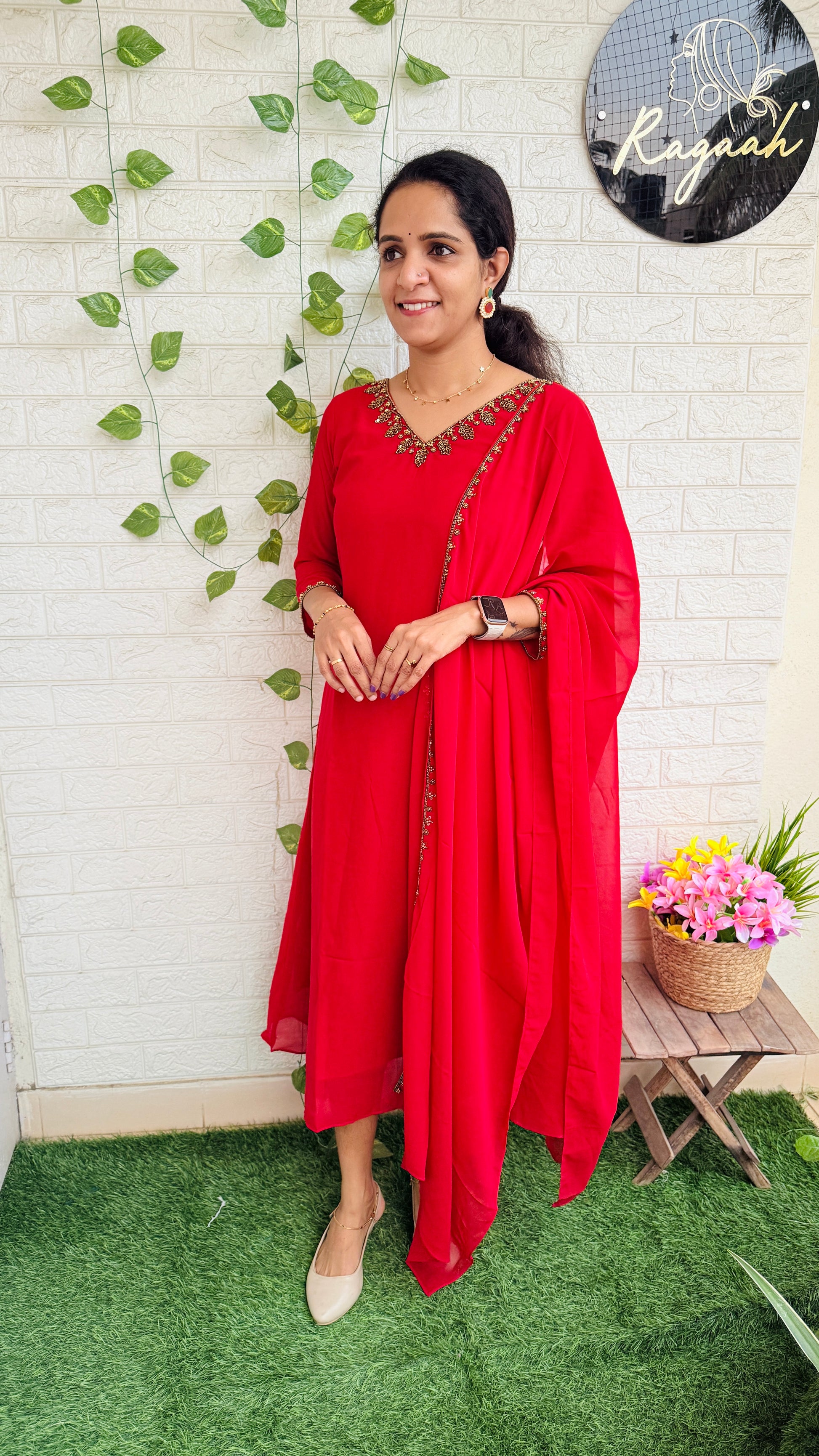 Heavy HandWork Aline Kurti + Dupatta RG863 Red