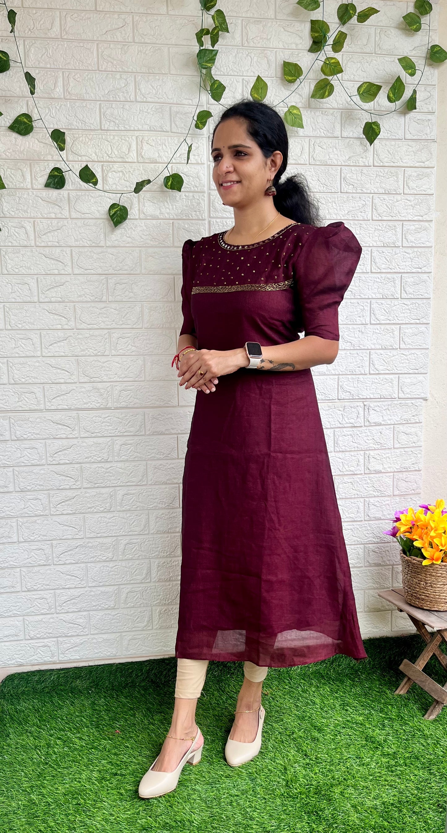 High neck aline handwork kurti brown