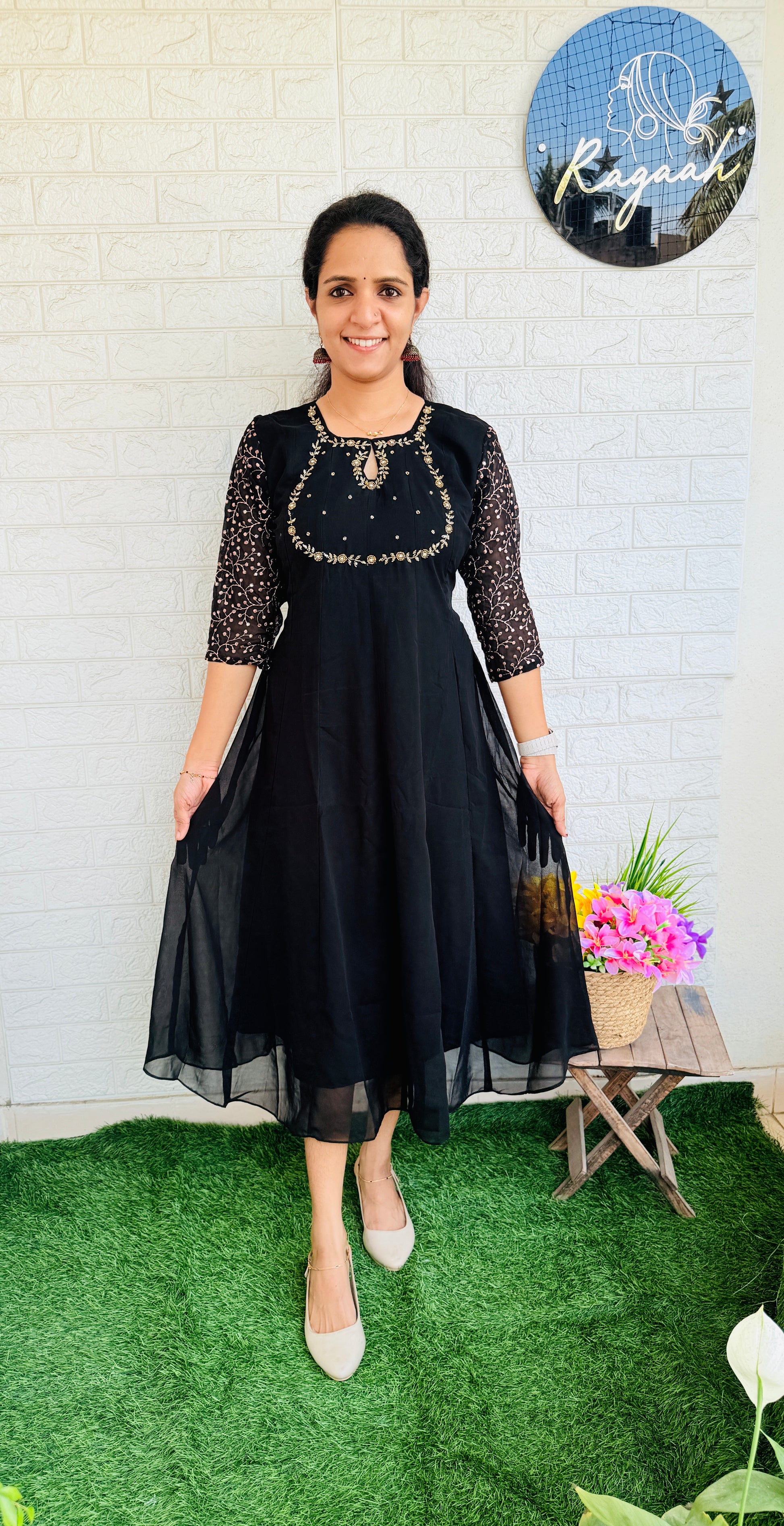 Georgette Anarkali with Zari Embroidered Sleeves RG835 Black