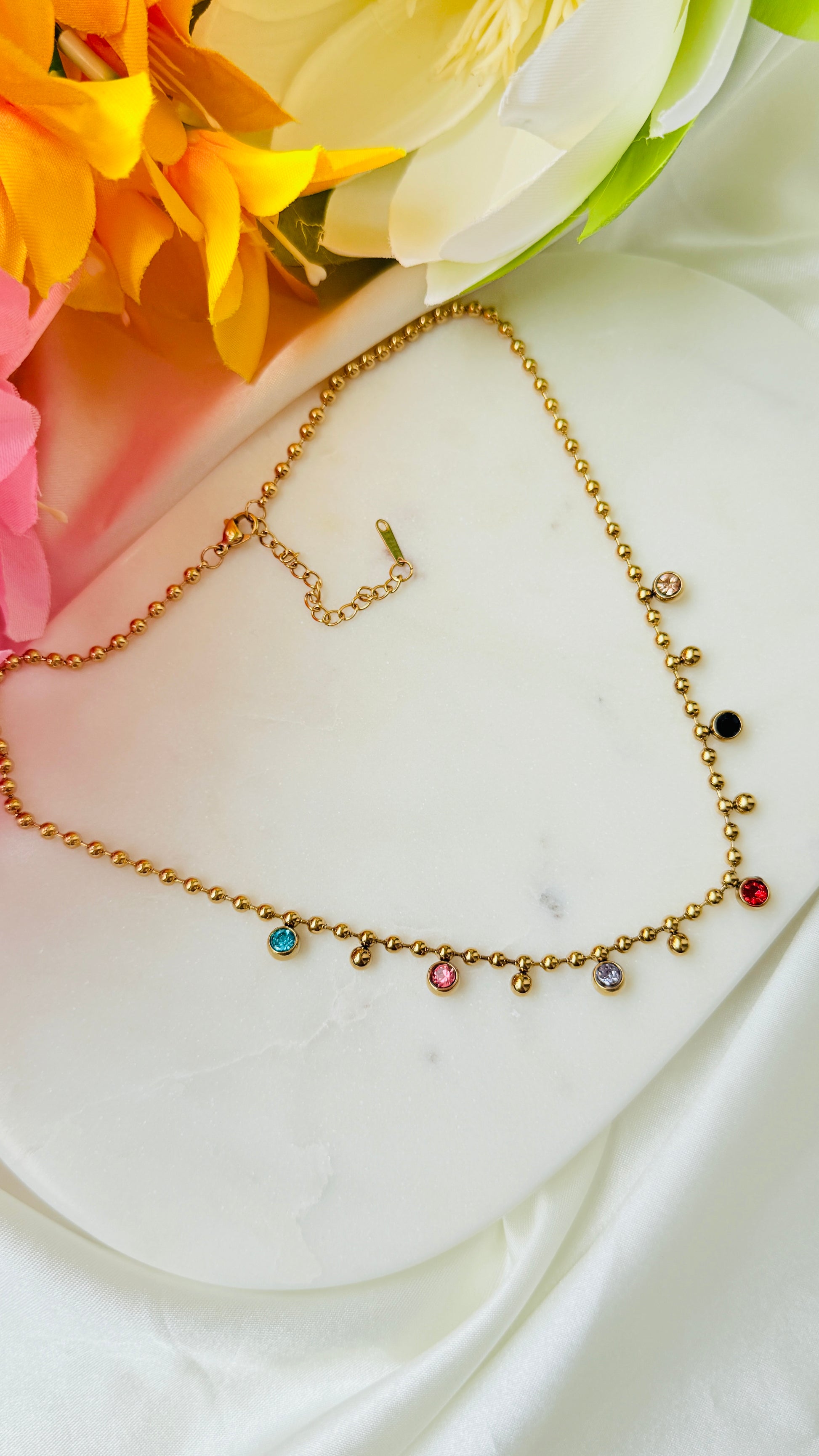 Golden Glow Multi Stone  Anti tarnish stainless steel neck Chain RJ175