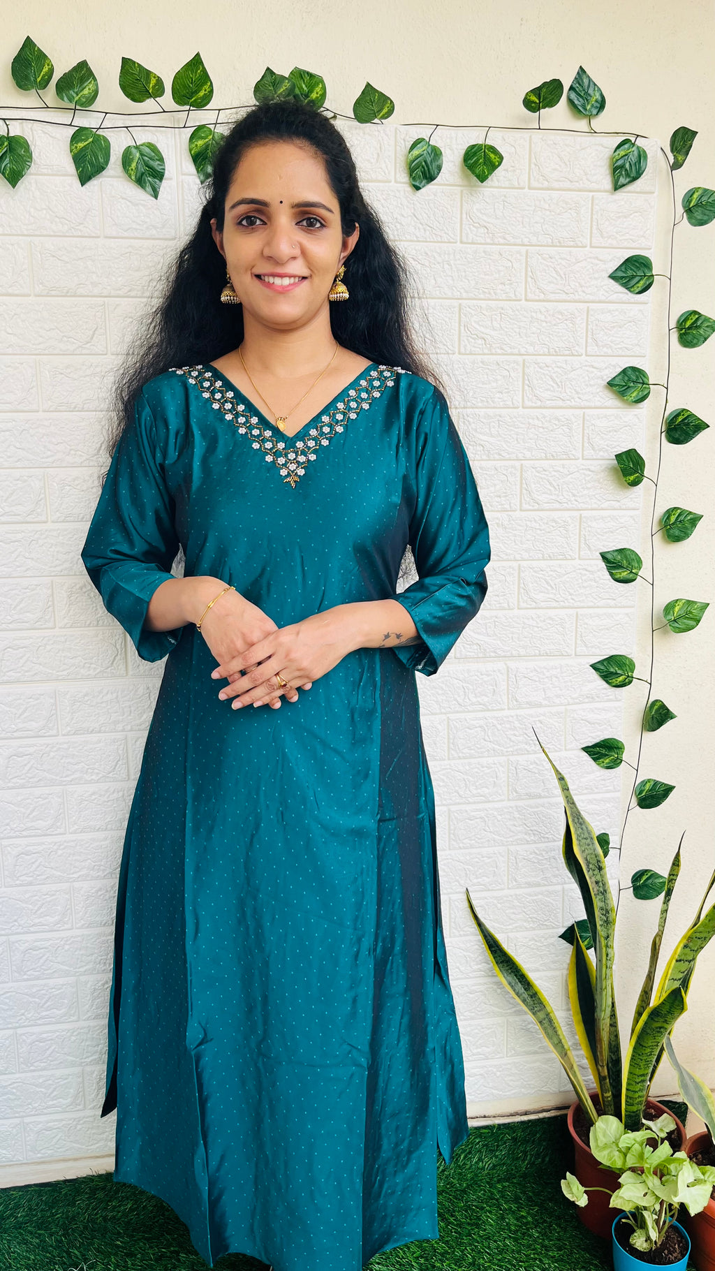 Premium Silk V neck kurti with pearl work on yoke