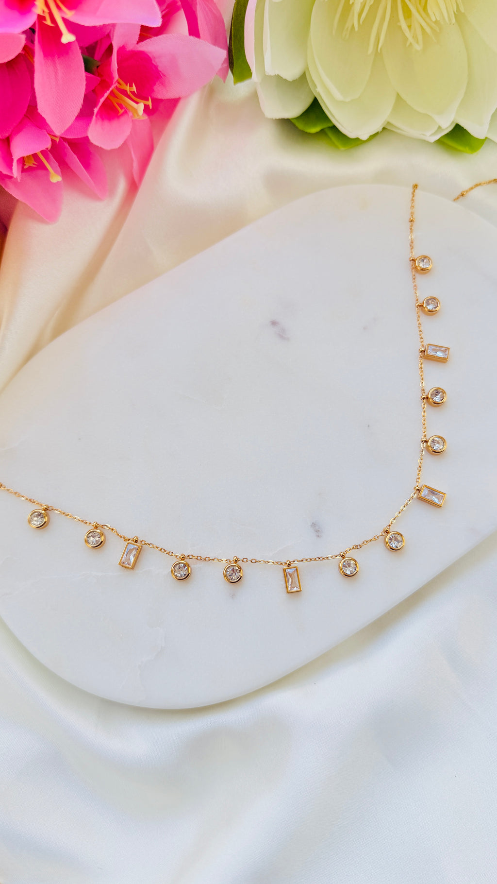 Dew Drops White Stone Anti tarnish stainless steel neck Chain RJ141