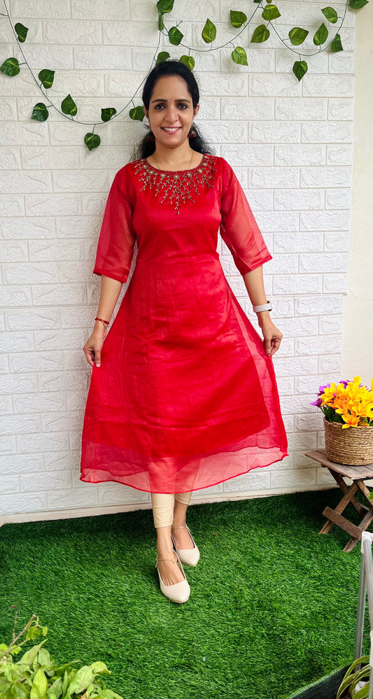 Tissue Georgette Heavy handwork alinekurti red