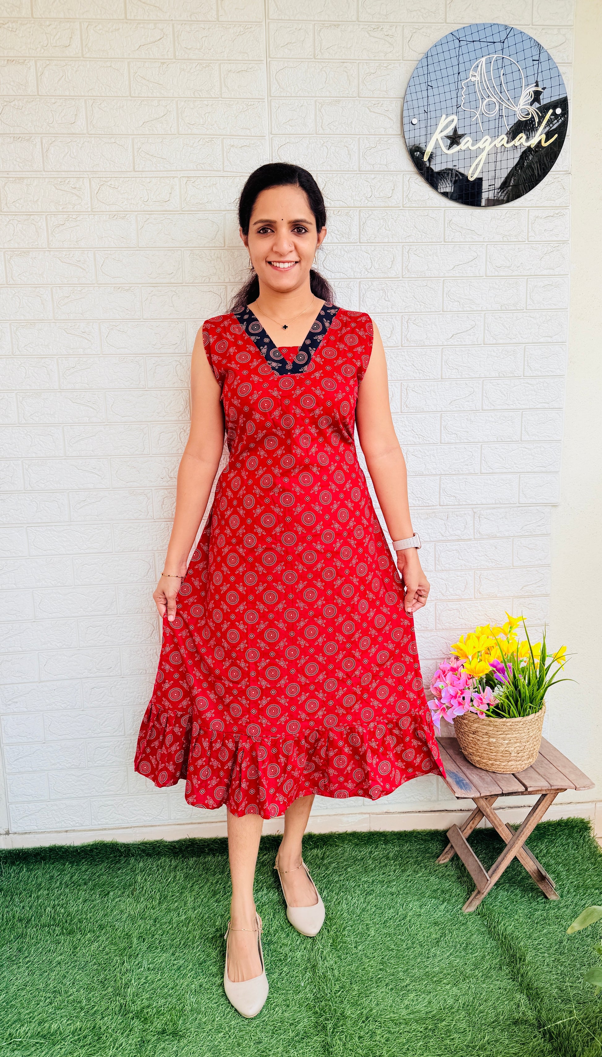Cotton Ajrakh Sleeveless Frock RG837 Red With extra sleeve