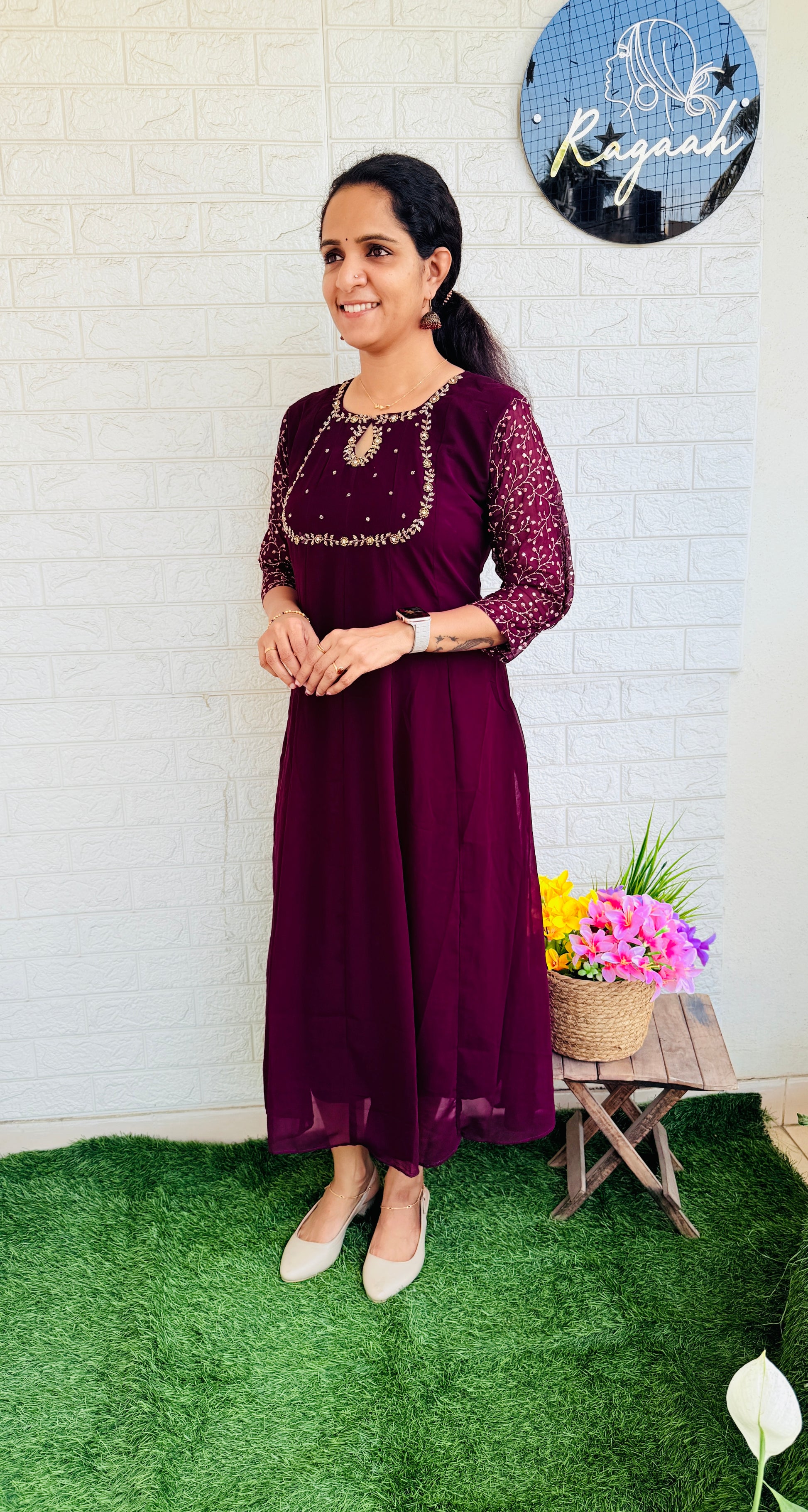 Georgette Anarkali with Zari Embroidered Sleeves RG836 Grape Wine