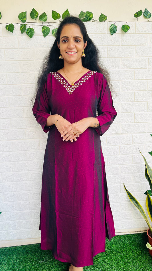 Premium Silk V neck kurti with pearl work on yoke