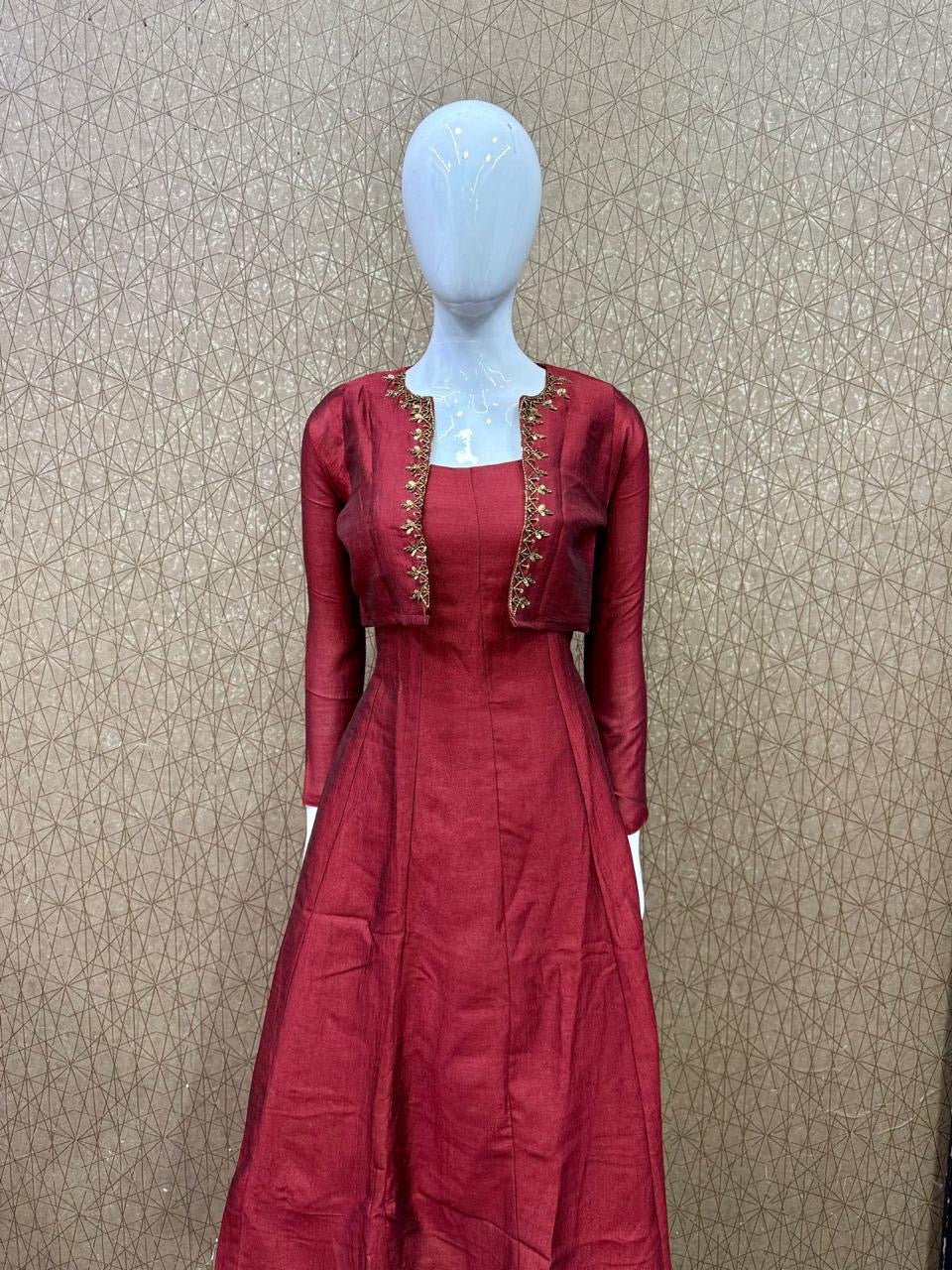 Removable jacket aline kurti with handwork dark red RG521