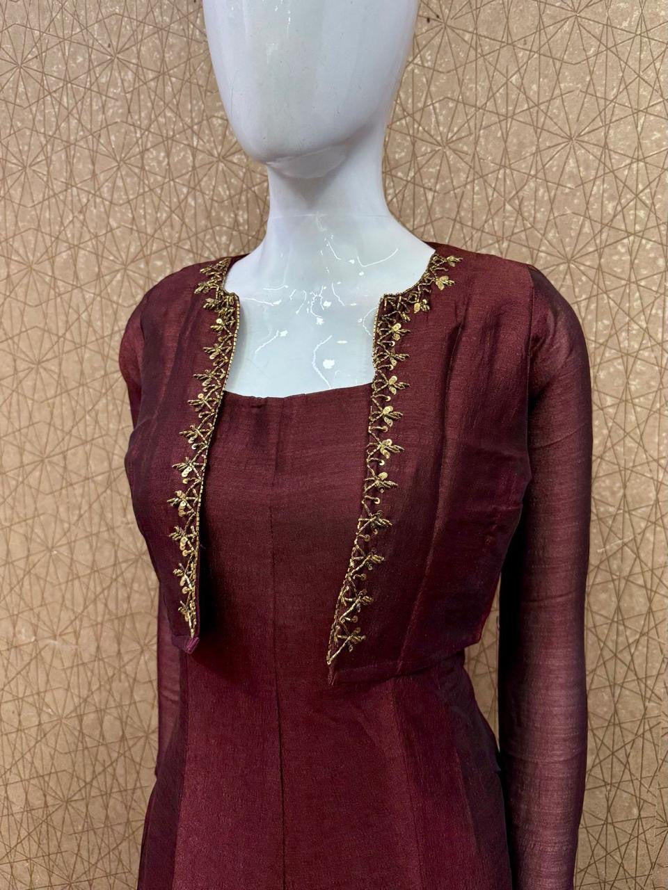 Removable jacket aline kurti with handwork brown RG521
