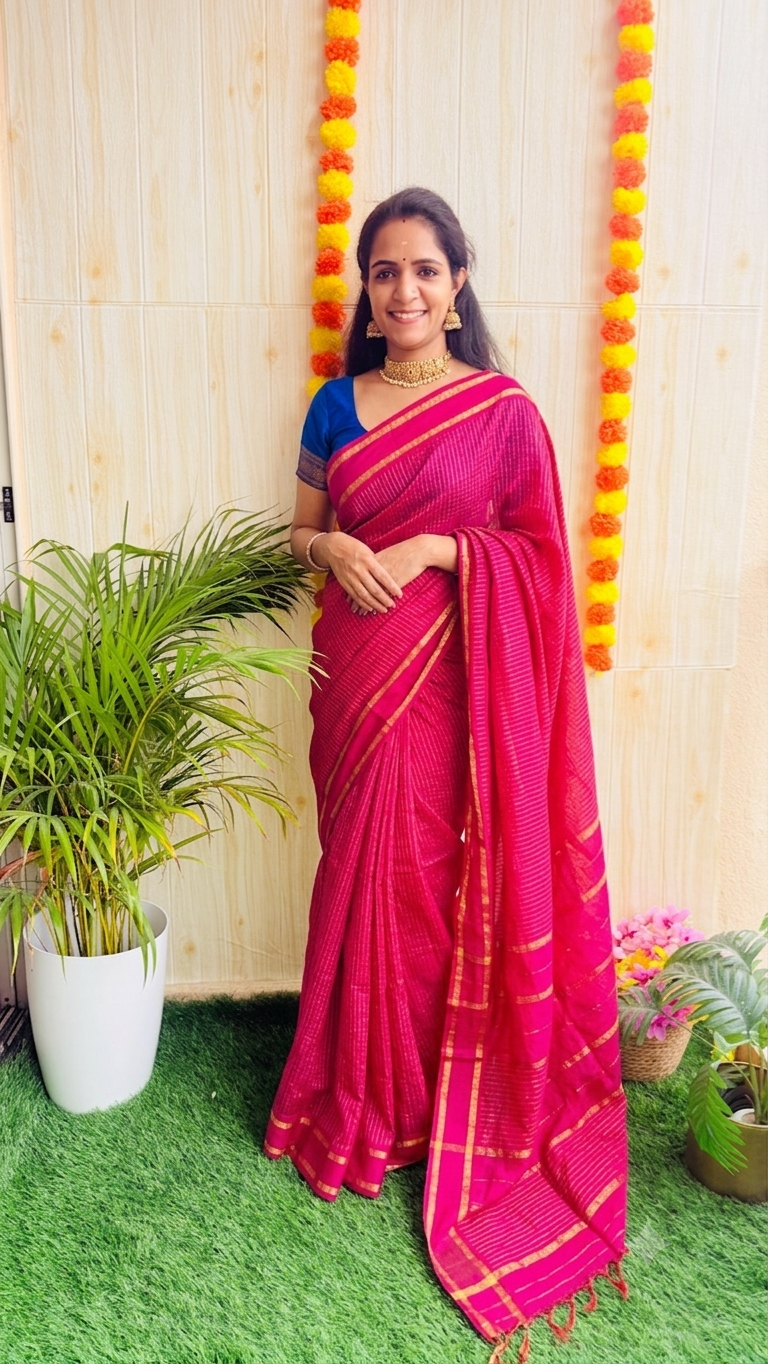 Kalyani Checked Cotton Saree RG1000 Rani Pink