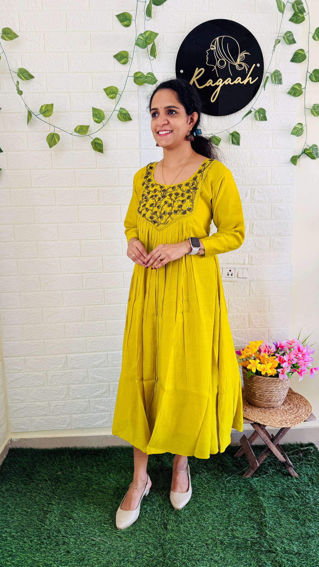 Mul Chandheri Pleated Kurti Lemon Yellow RG893