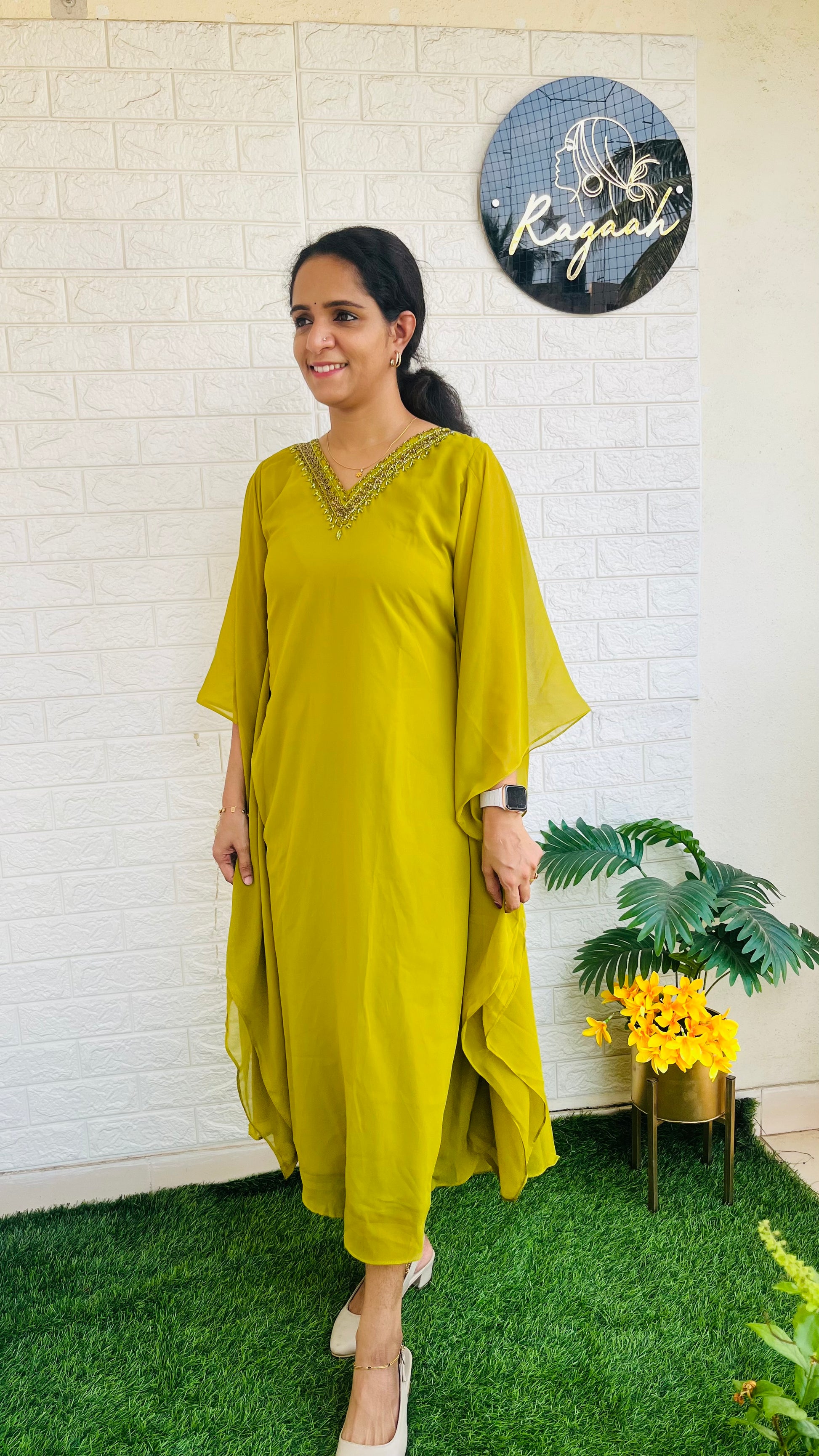 Premium Georgette Kaftan Lemon green RG738