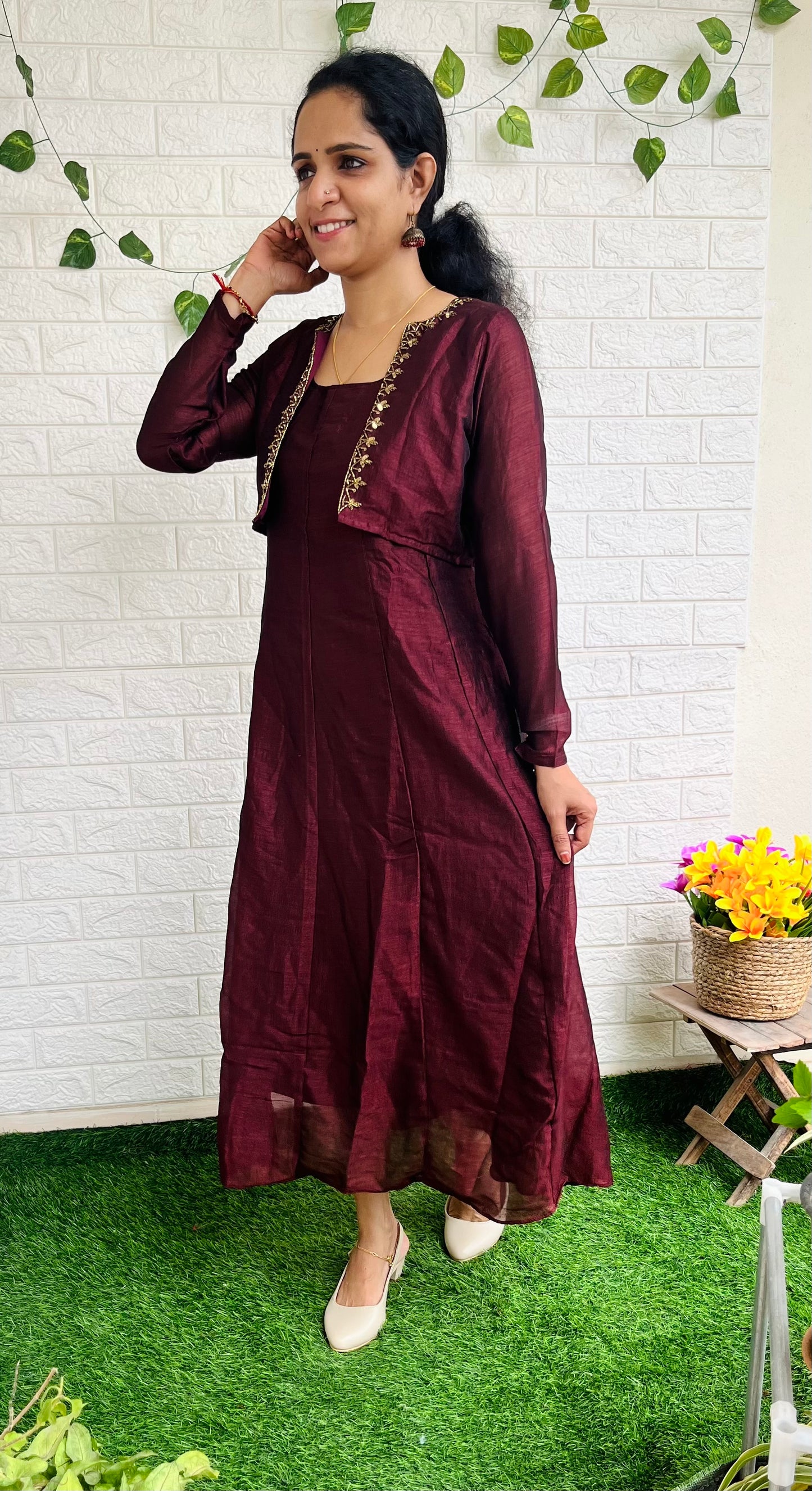 Removable jacket aline kurti with handwork brown RG521