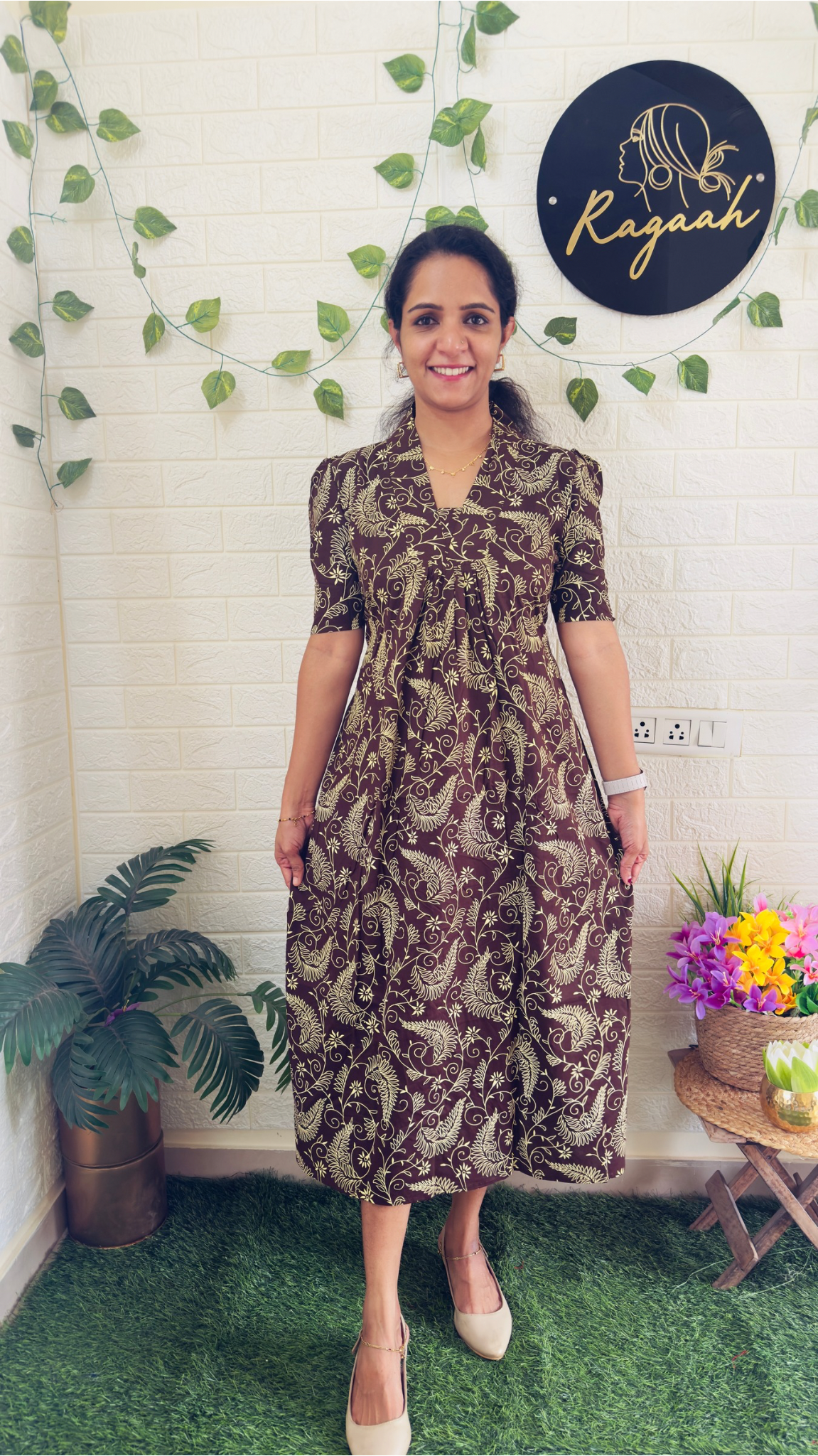 Cotton Floral Frock RG898 Brown