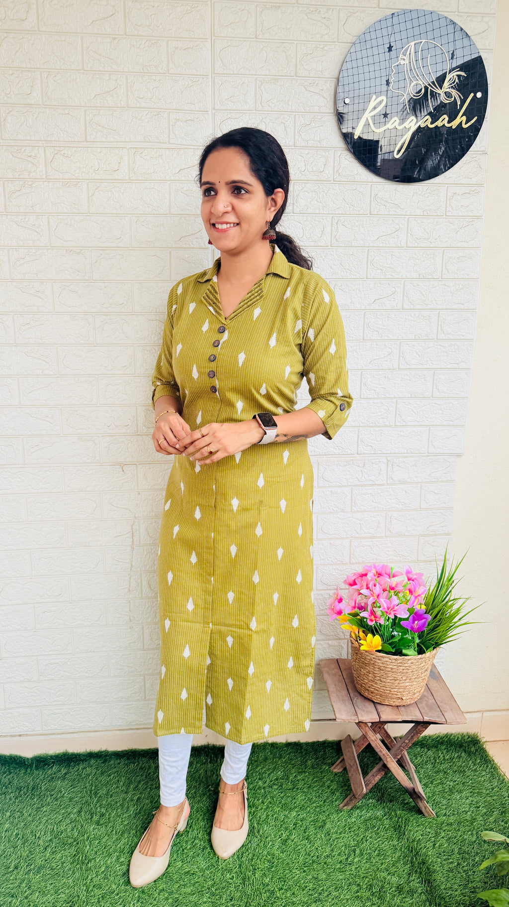 Heavy Hand Worked Kantha Cotton Slitted Collar Kurti RG848 Green-gram Green