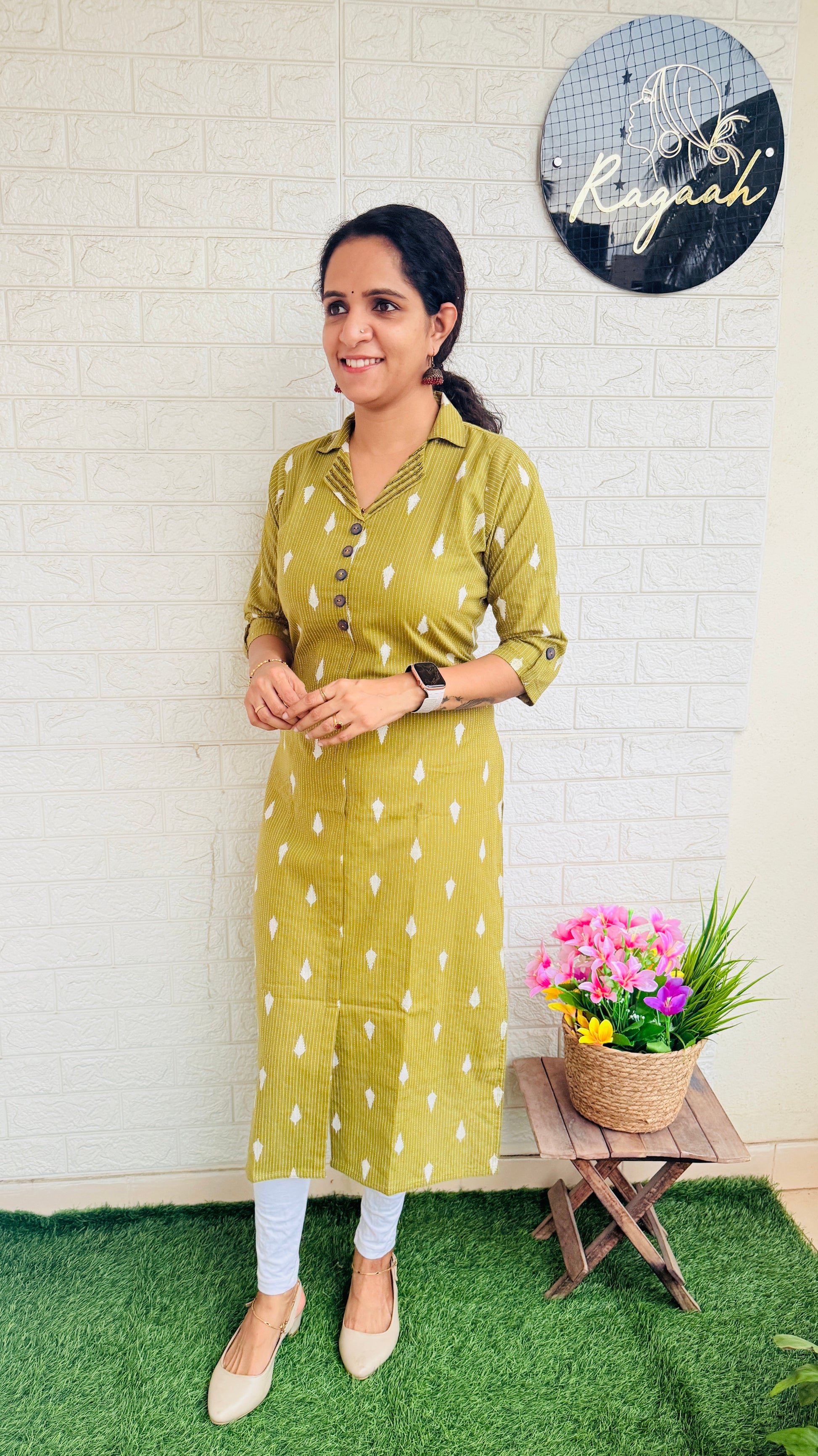 Heavy Hand Worked Kantha Cotton Slitted Collar Kurti RG848 Green-gram Green