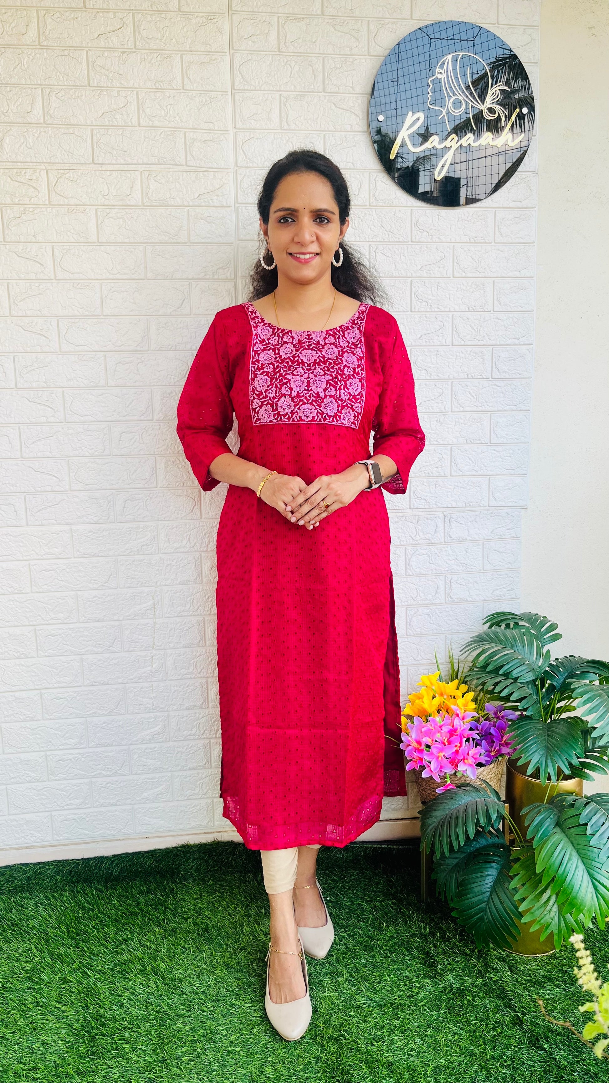 Premium net cotta slitted kurti red RG725