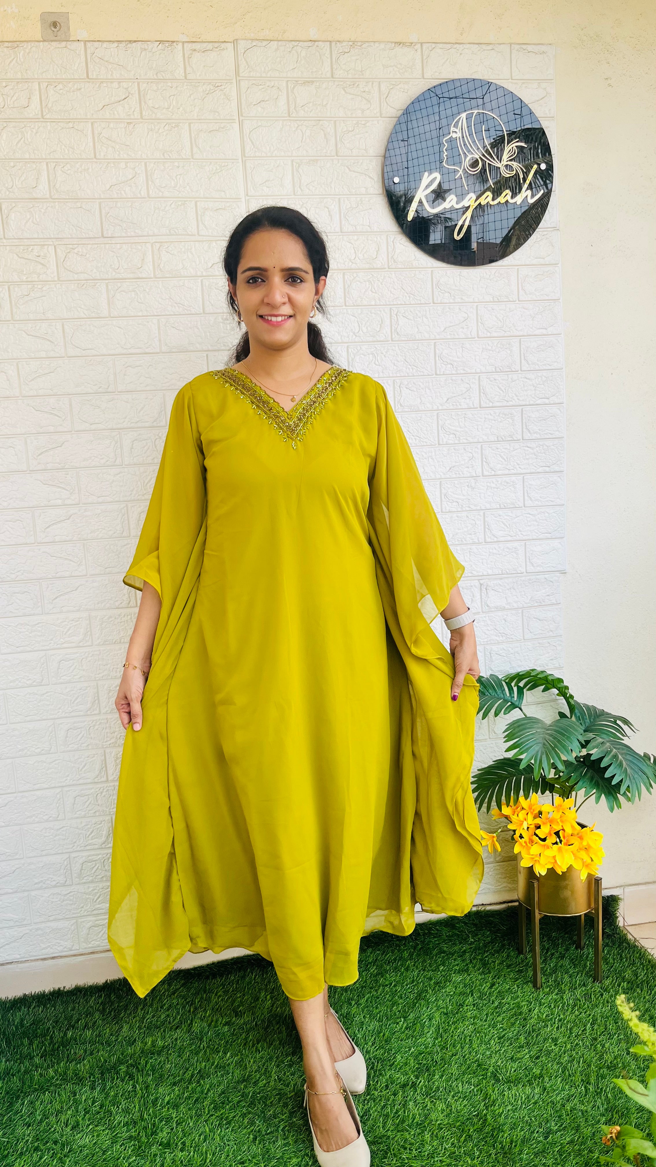 Premium Georgette Kaftan Lemon green RG738