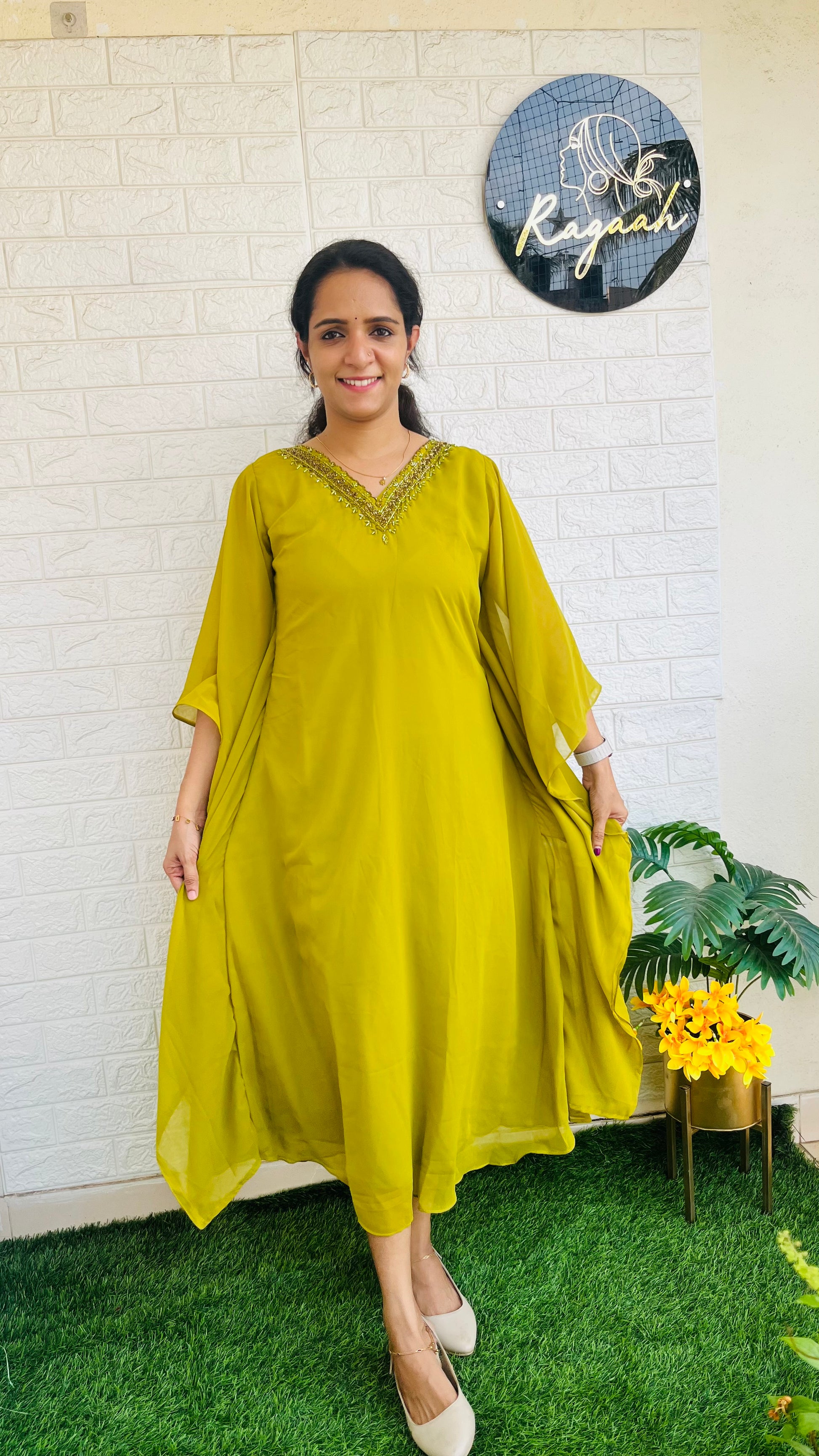 Premium Georgette Kaftan Lemon green RG738