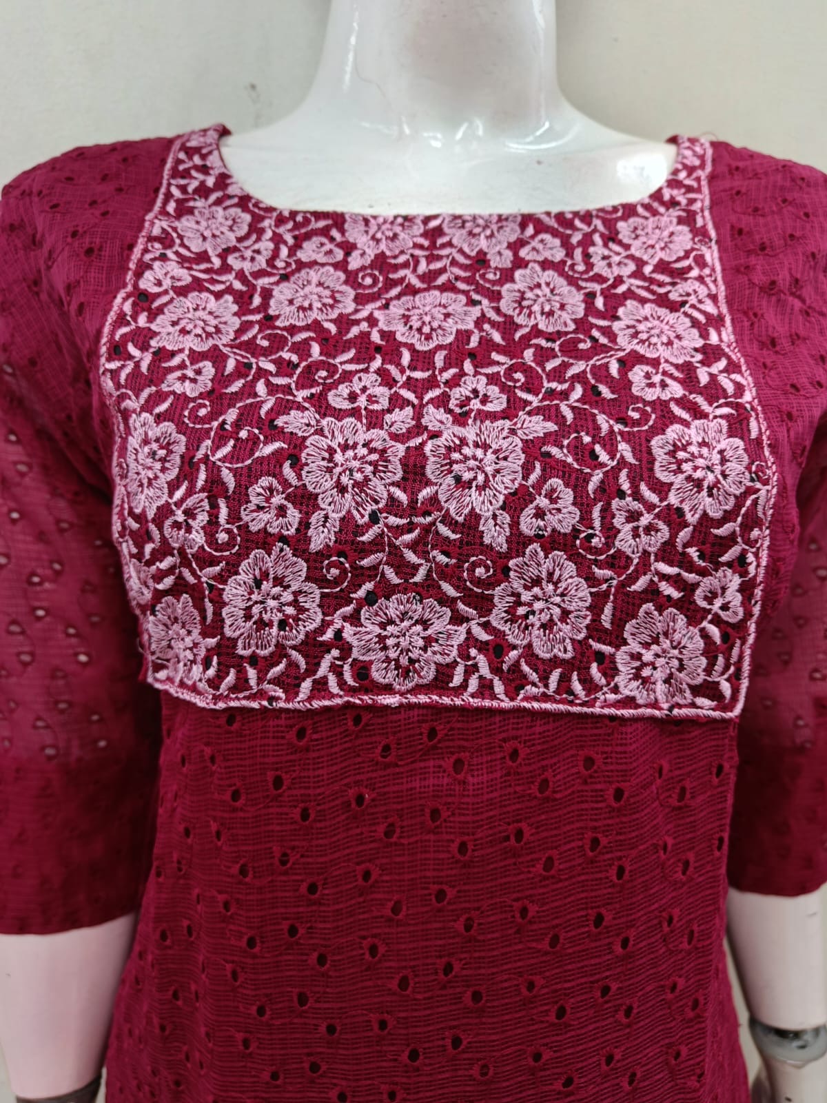 Premium net cotta slitted kurti red RG725