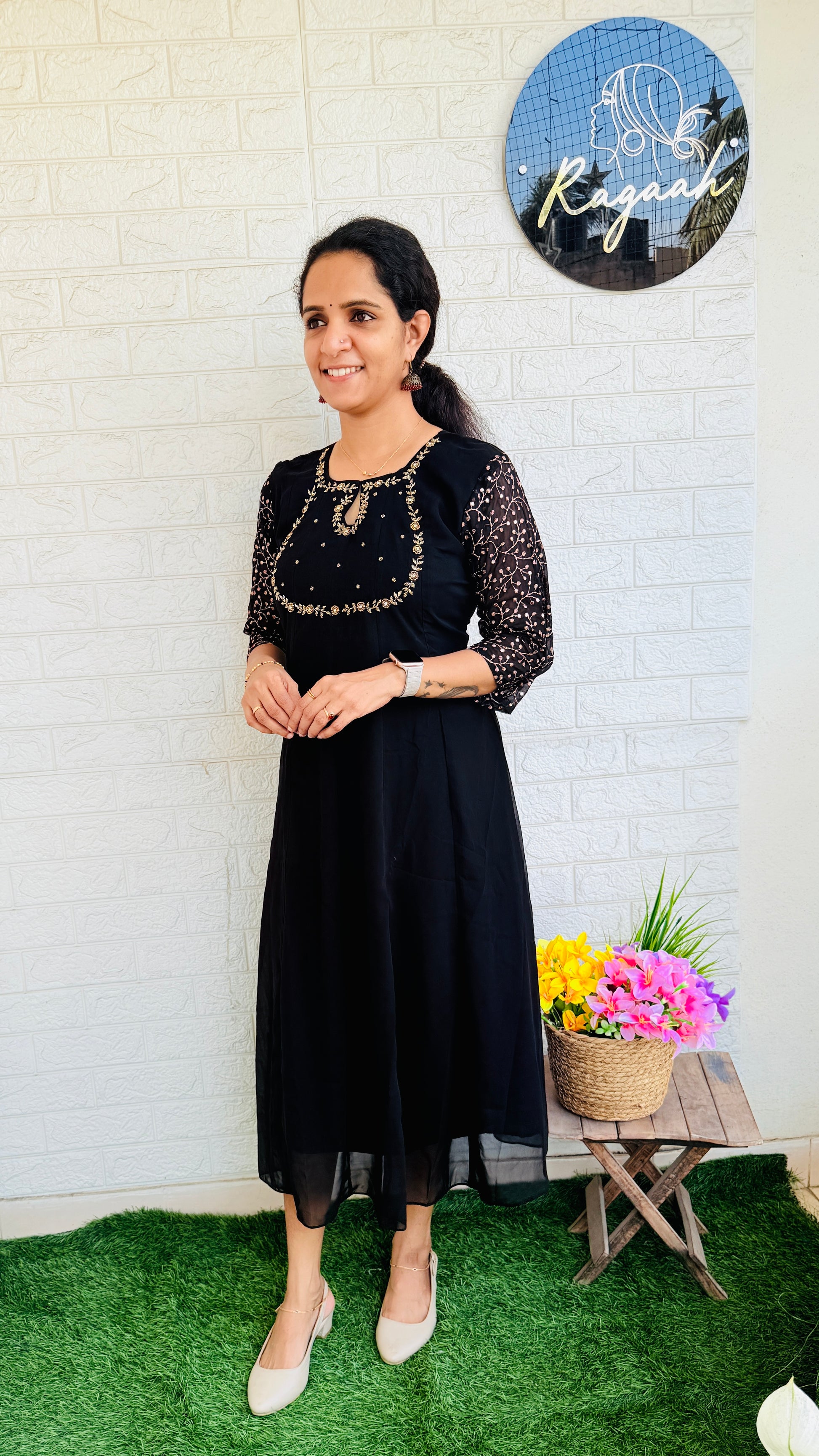 Georgette Anarkali with Zari Embroidered Sleeves RG835 Black