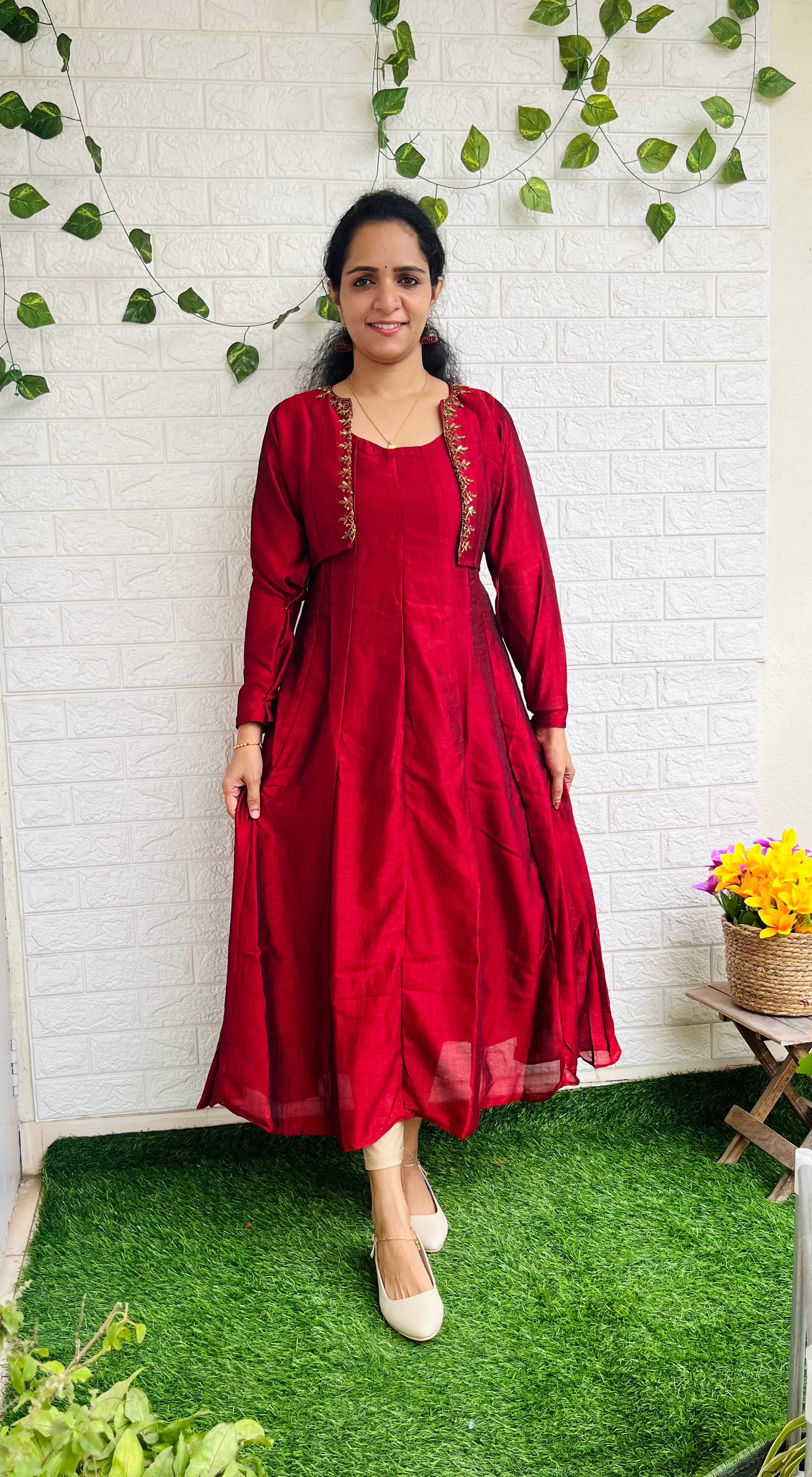 Removable jacket aline kurti with handwork dark red RG521