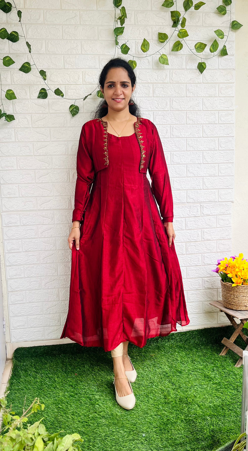 Removable jacket aline kurti with handwork dark red RG521