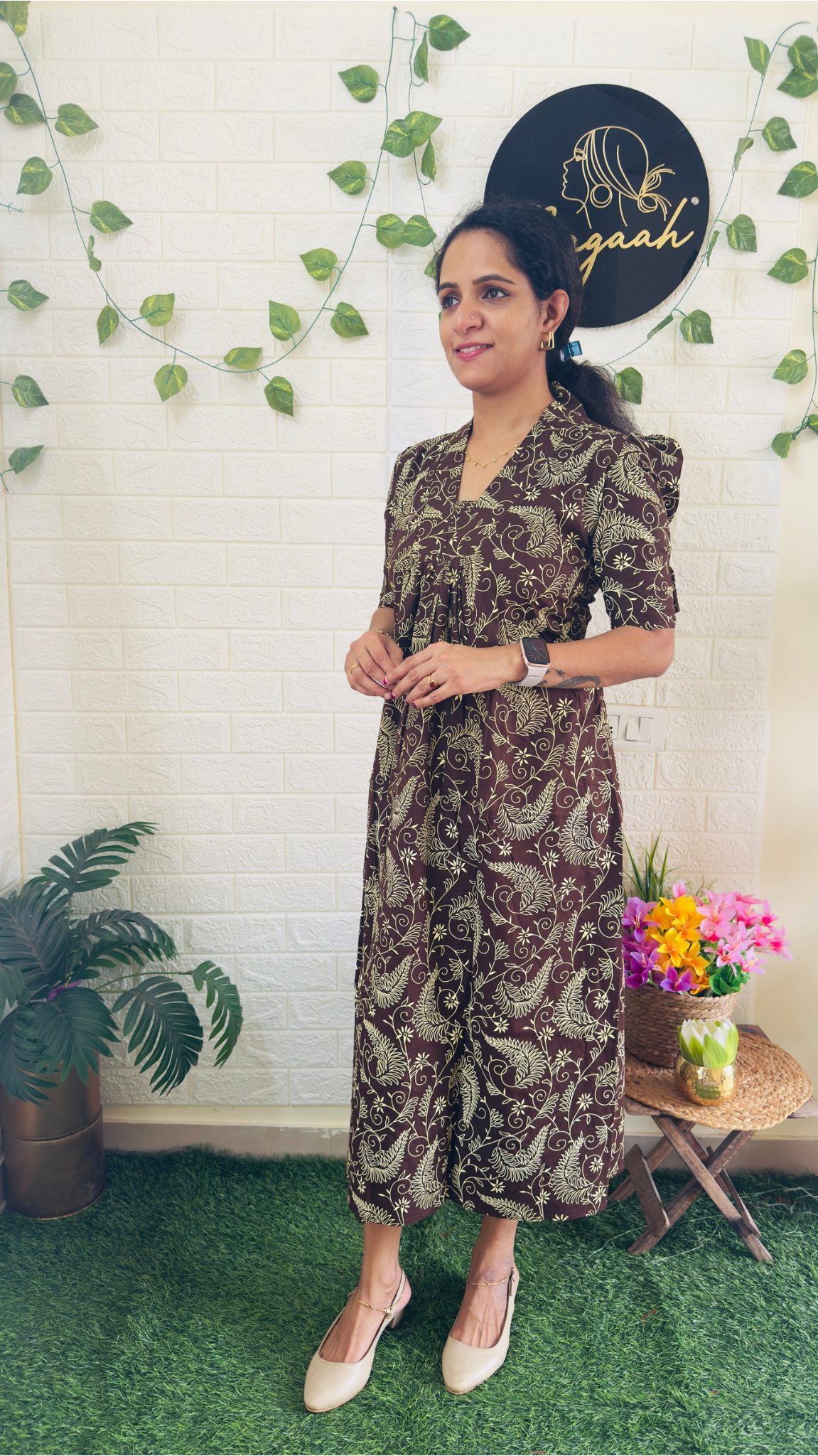 Cotton Floral Frock RG898 Brown