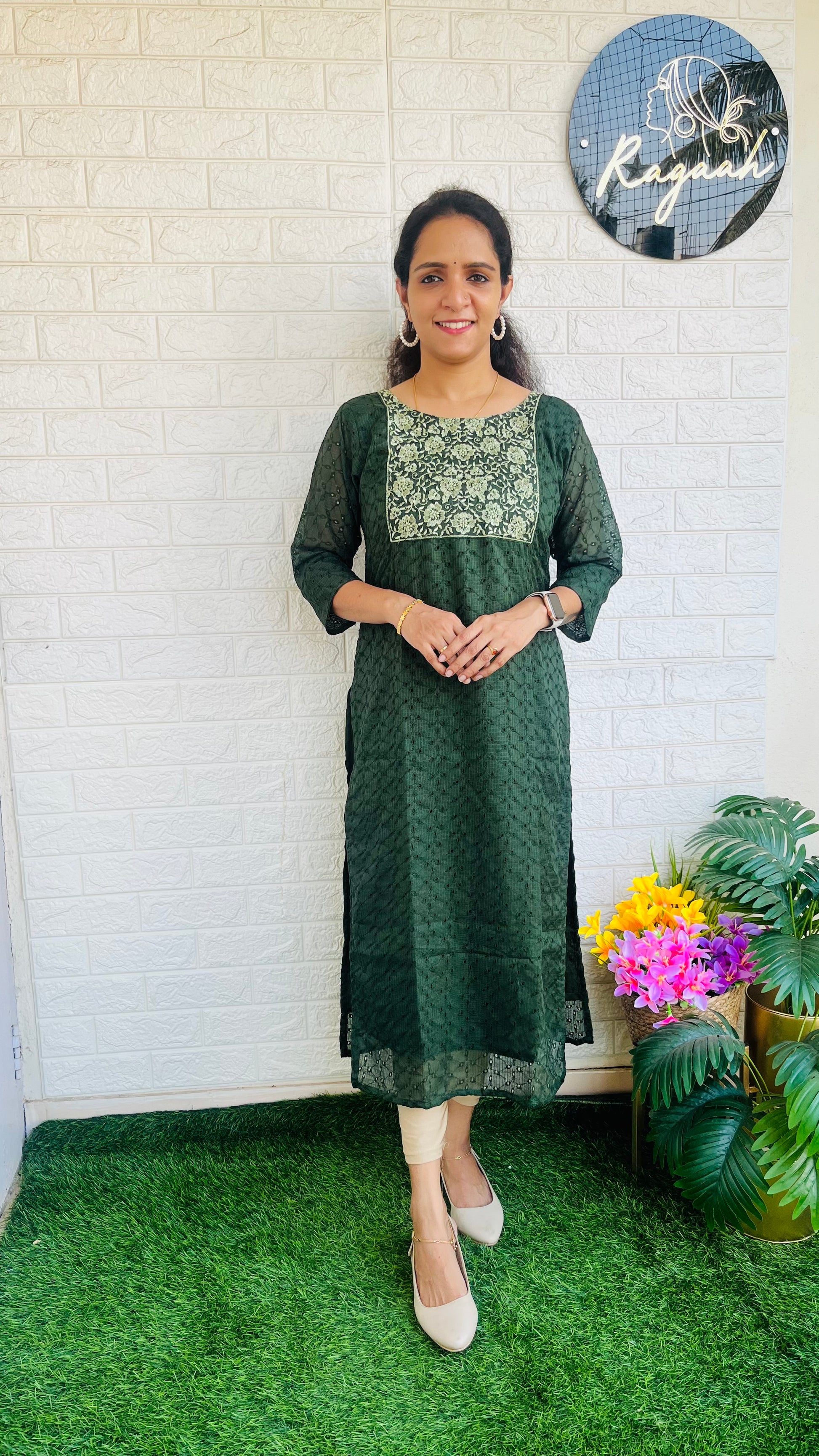 Premium net cotta slitted kurti green RG725