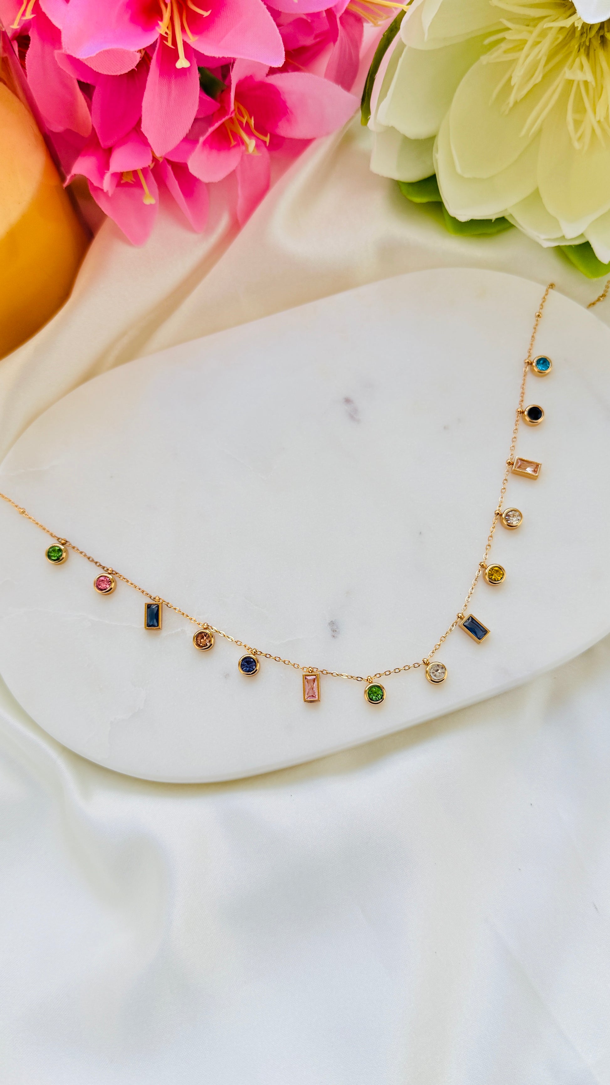 Dew Drops  Multi Stone Anti tarnish stainless steel neck Chain RJ142