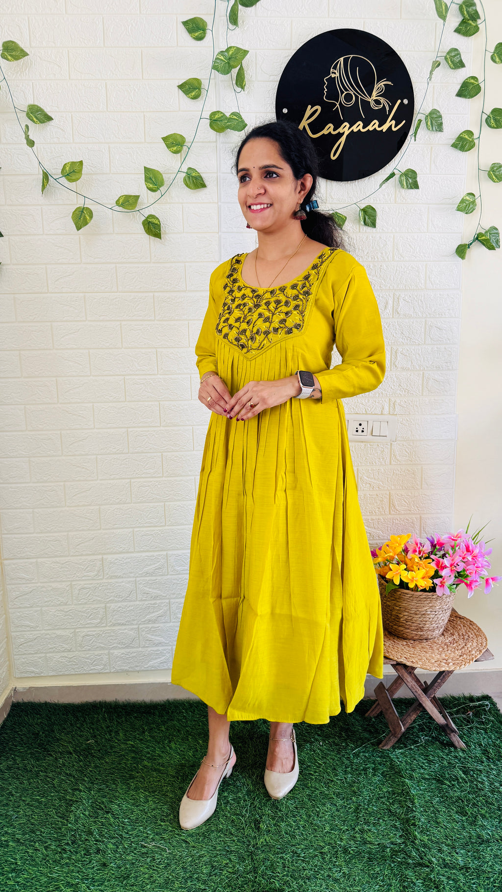 Mul Chandheri Pleated Kurti Lemon Yellow RG893