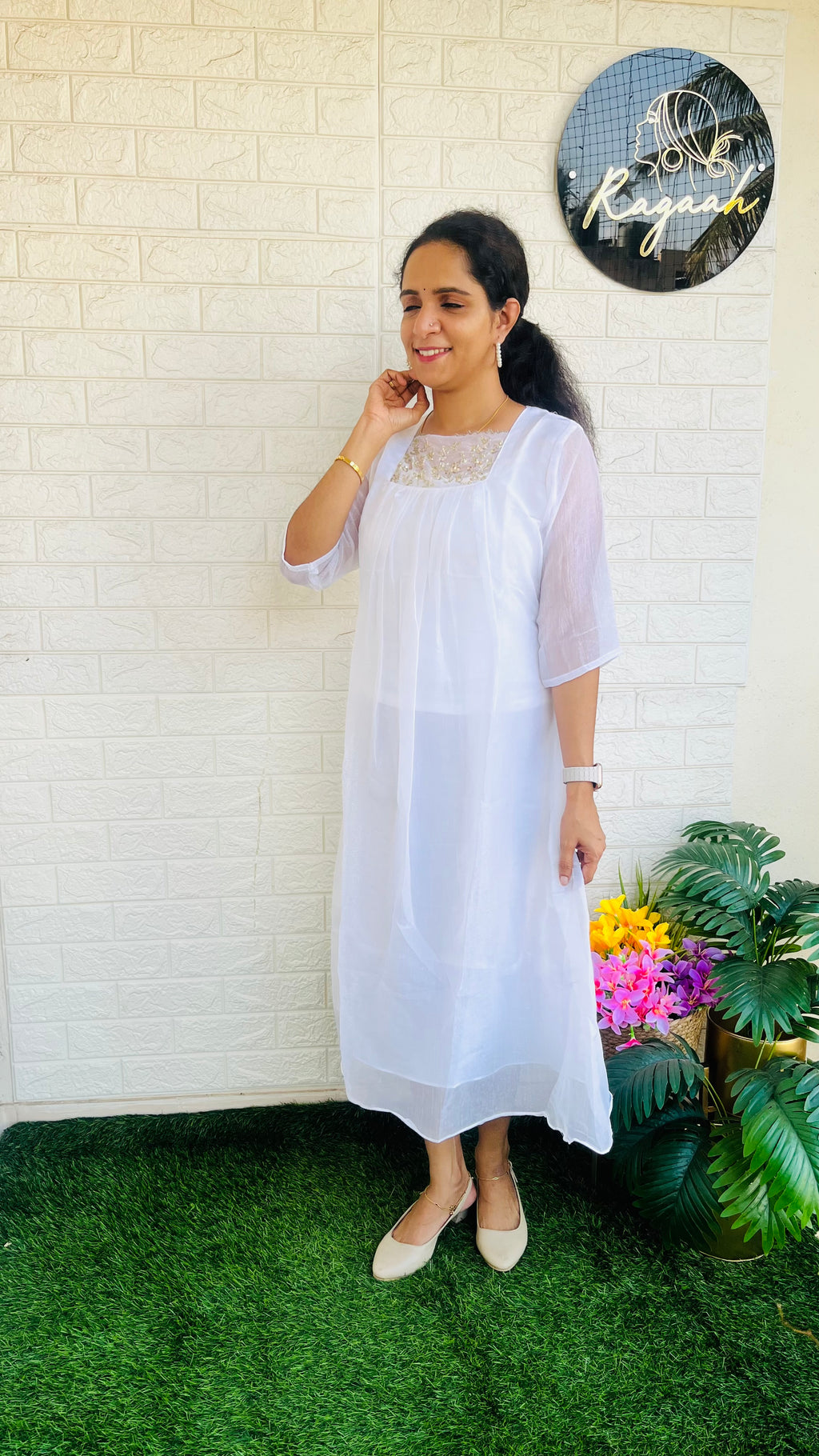 Crushed Silk Tissue Aline Kurti  RG722 white