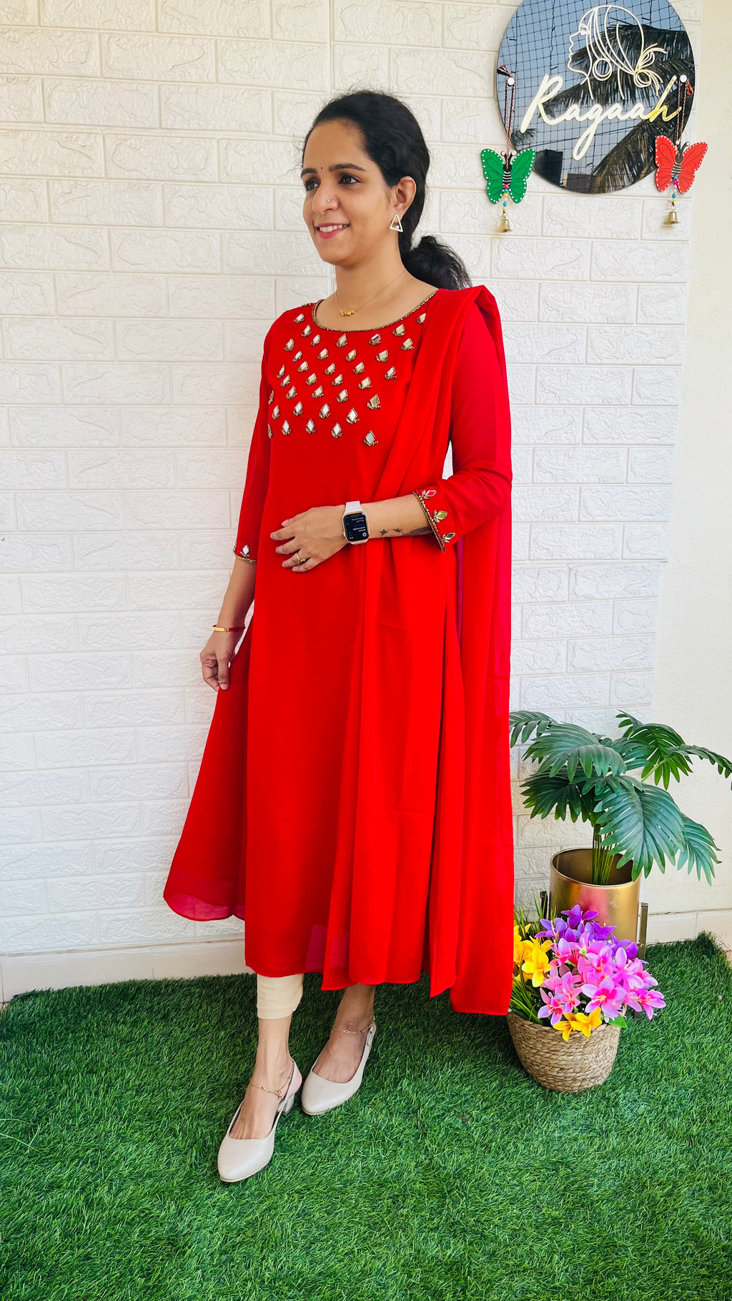 Heavy HandWork Aline Kurti + Dupatta RG721 Red