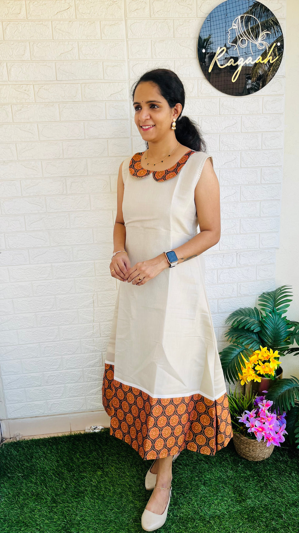 Sleeveless Kerala Kasavu Tissue Silk Kurti RG726 orange