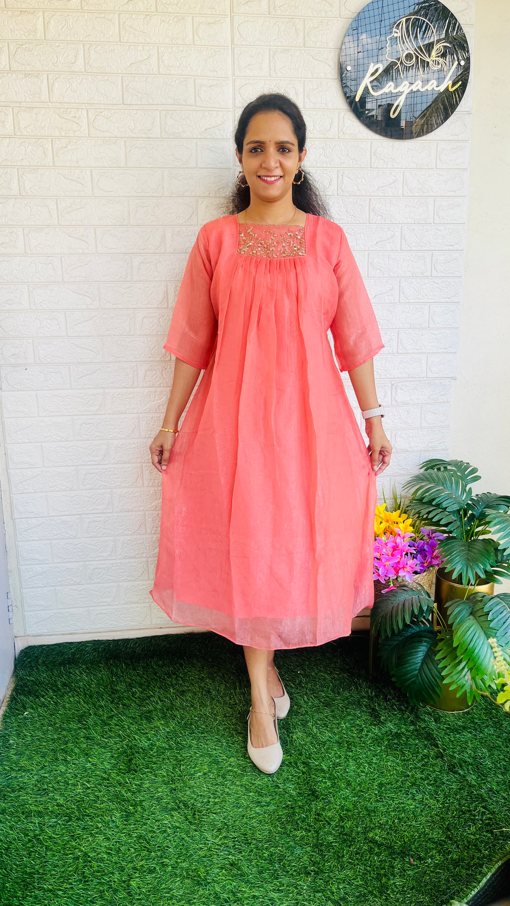 Crushed Silk Tissue Aline Kurti  RG722 Peach