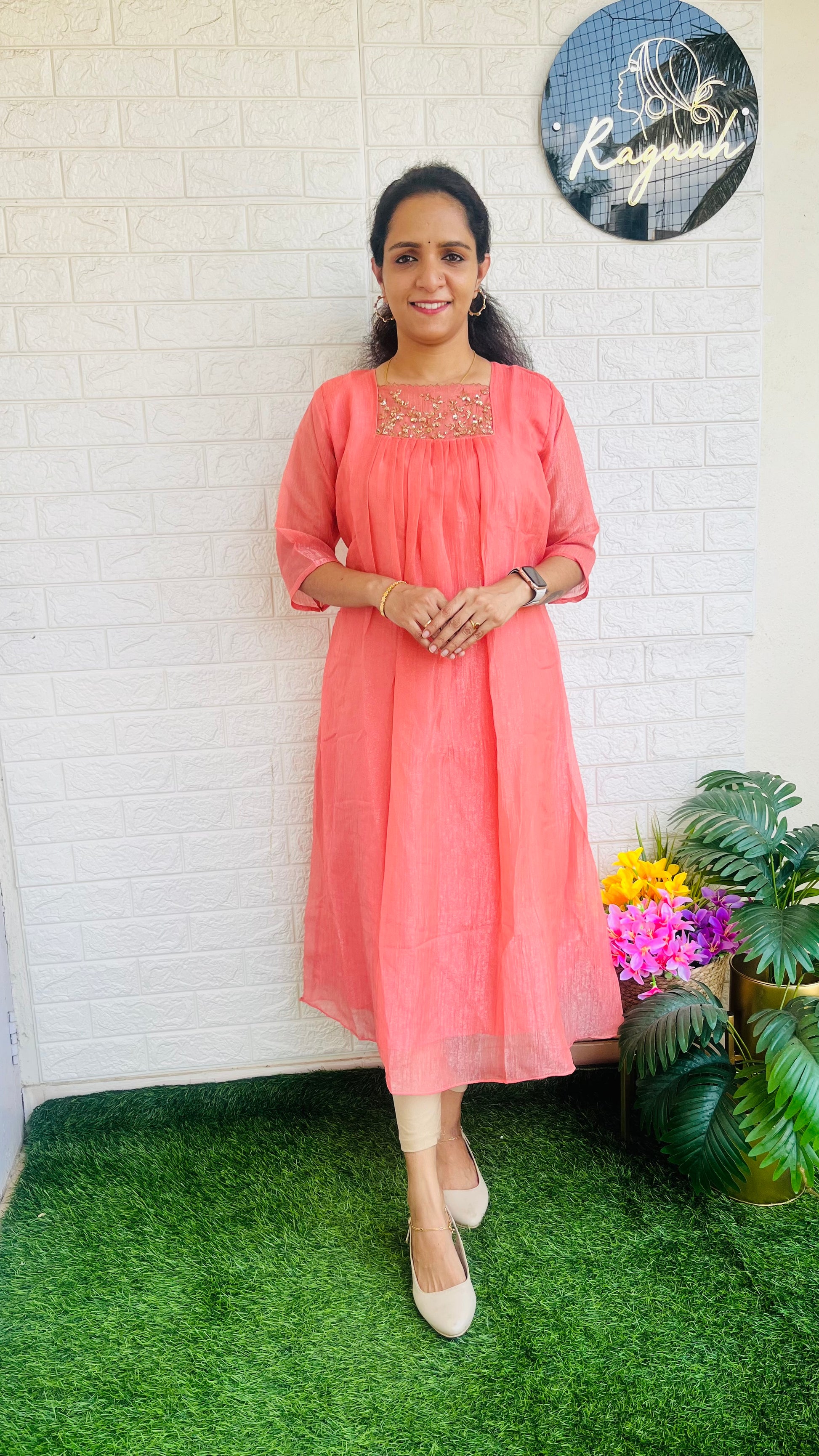 Crushed Silk Tissue Aline Kurti  RG722 Peach