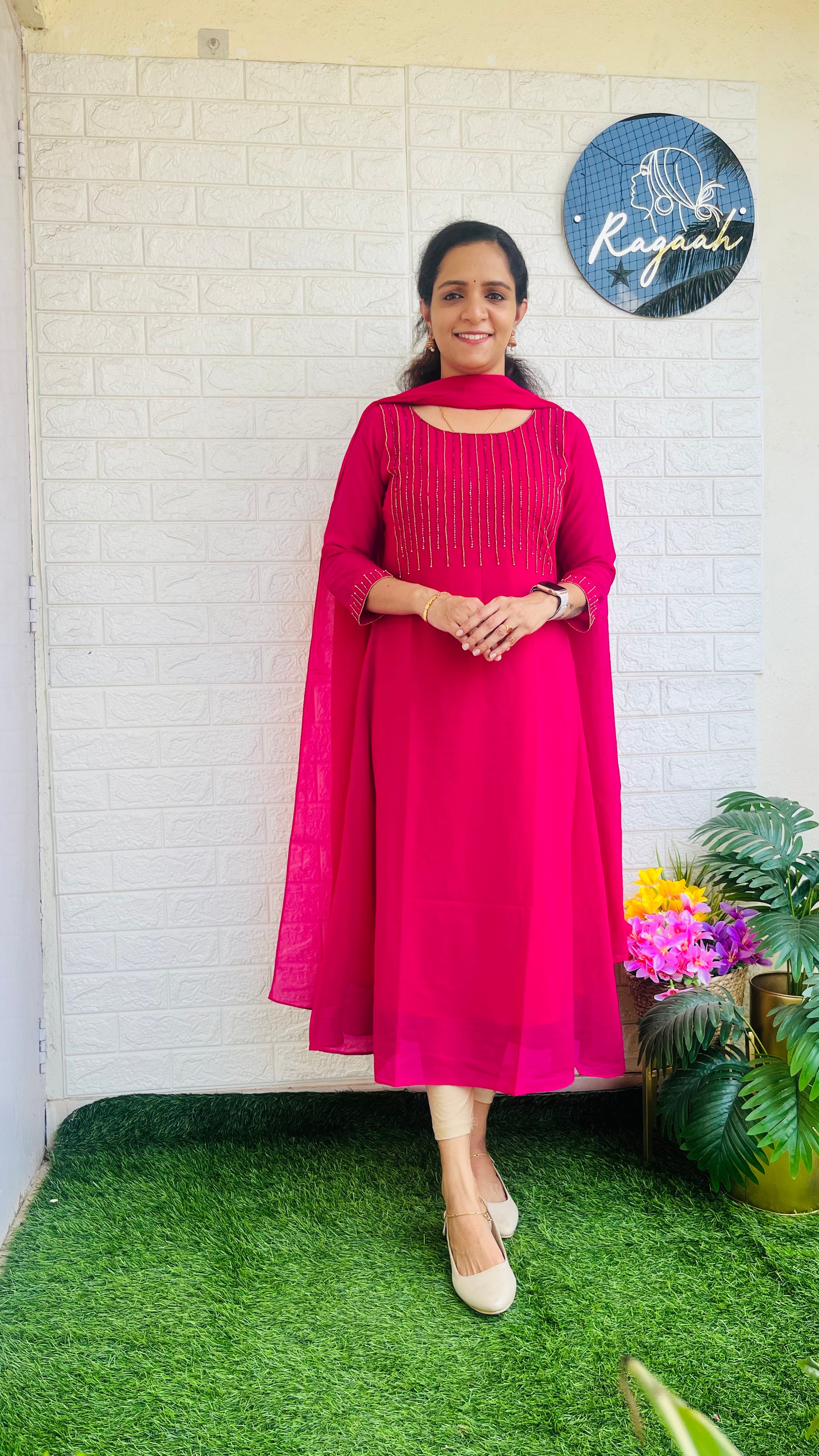 Heavy HandWork Aline Kurti + Dupatta Pink RG720