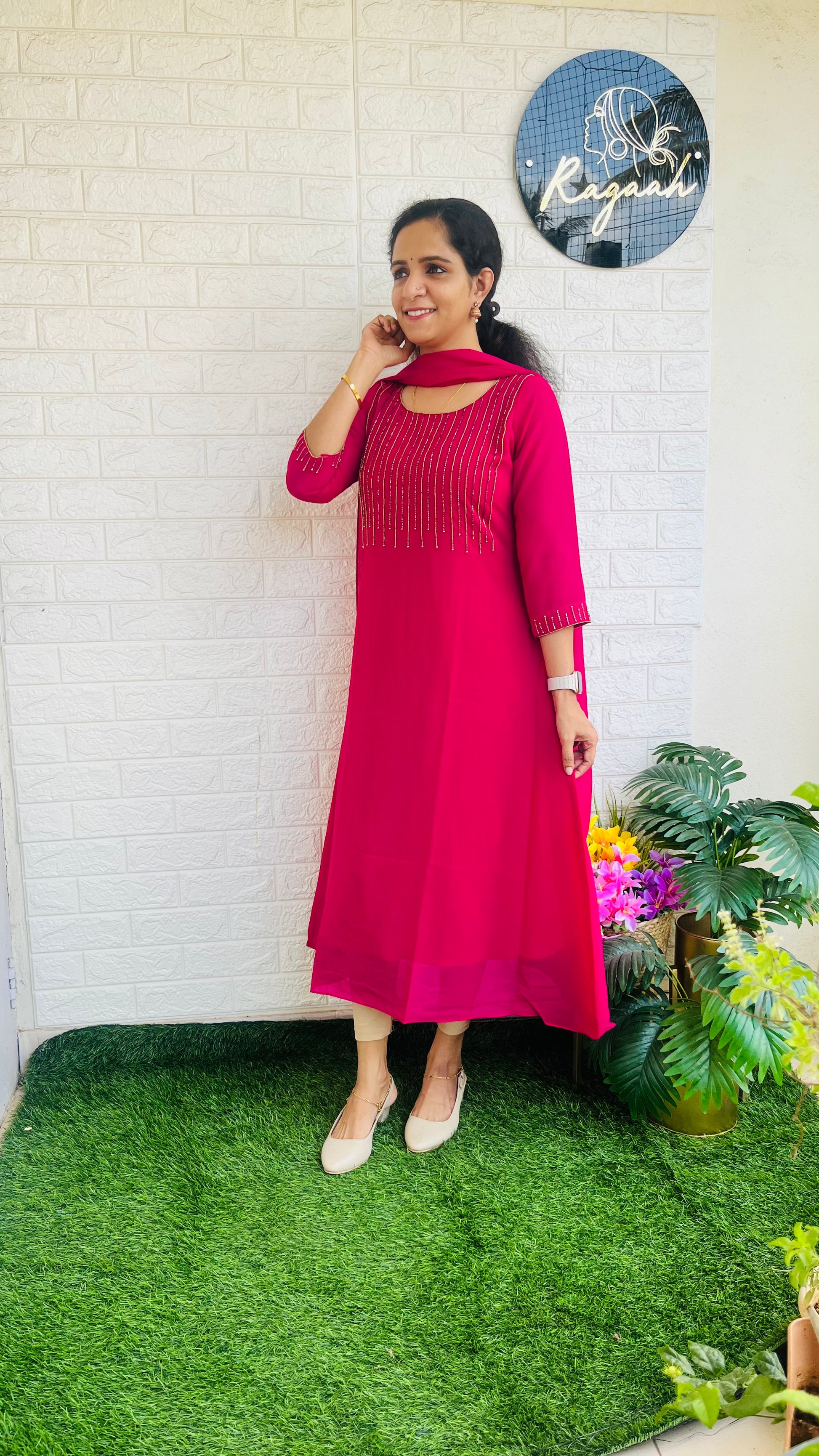 Heavy HandWork Aline Kurti + Dupatta Pink RG720