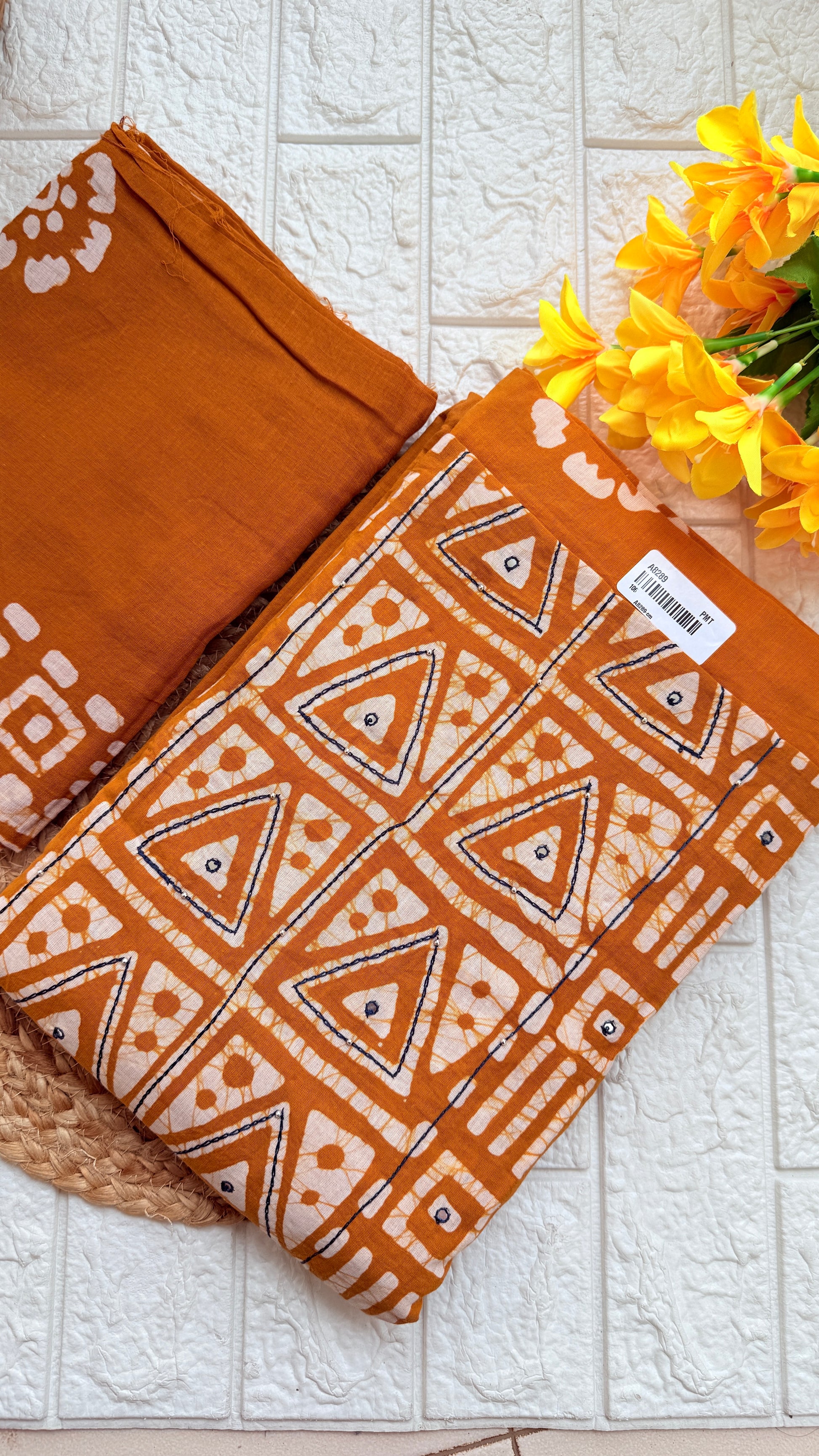 Printed Kantha Cotton Unstiched Churidhar Material RG761 Yellow