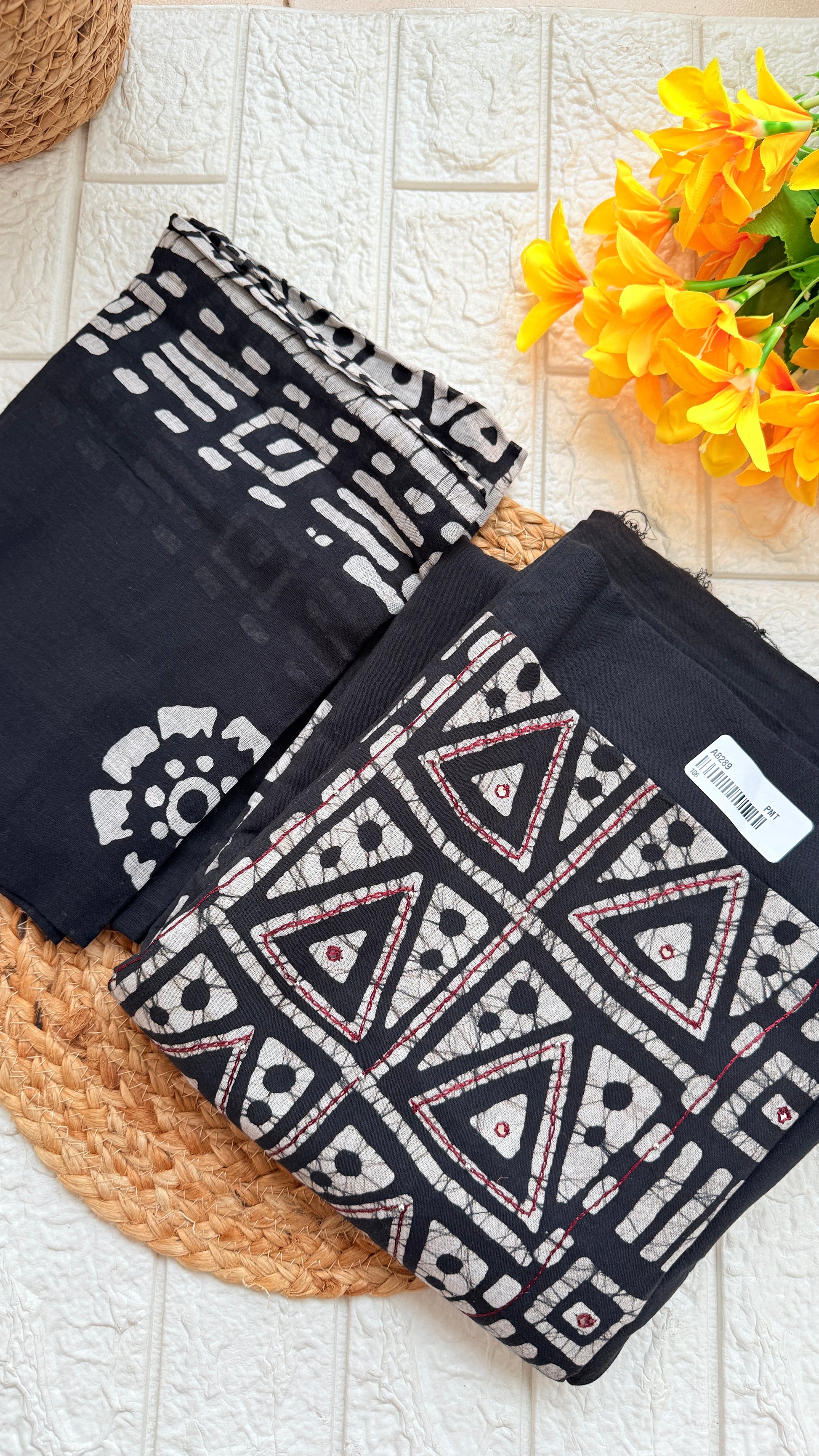 Printed Kantha Cotton Unstiched Churidhar Material RG761 Black