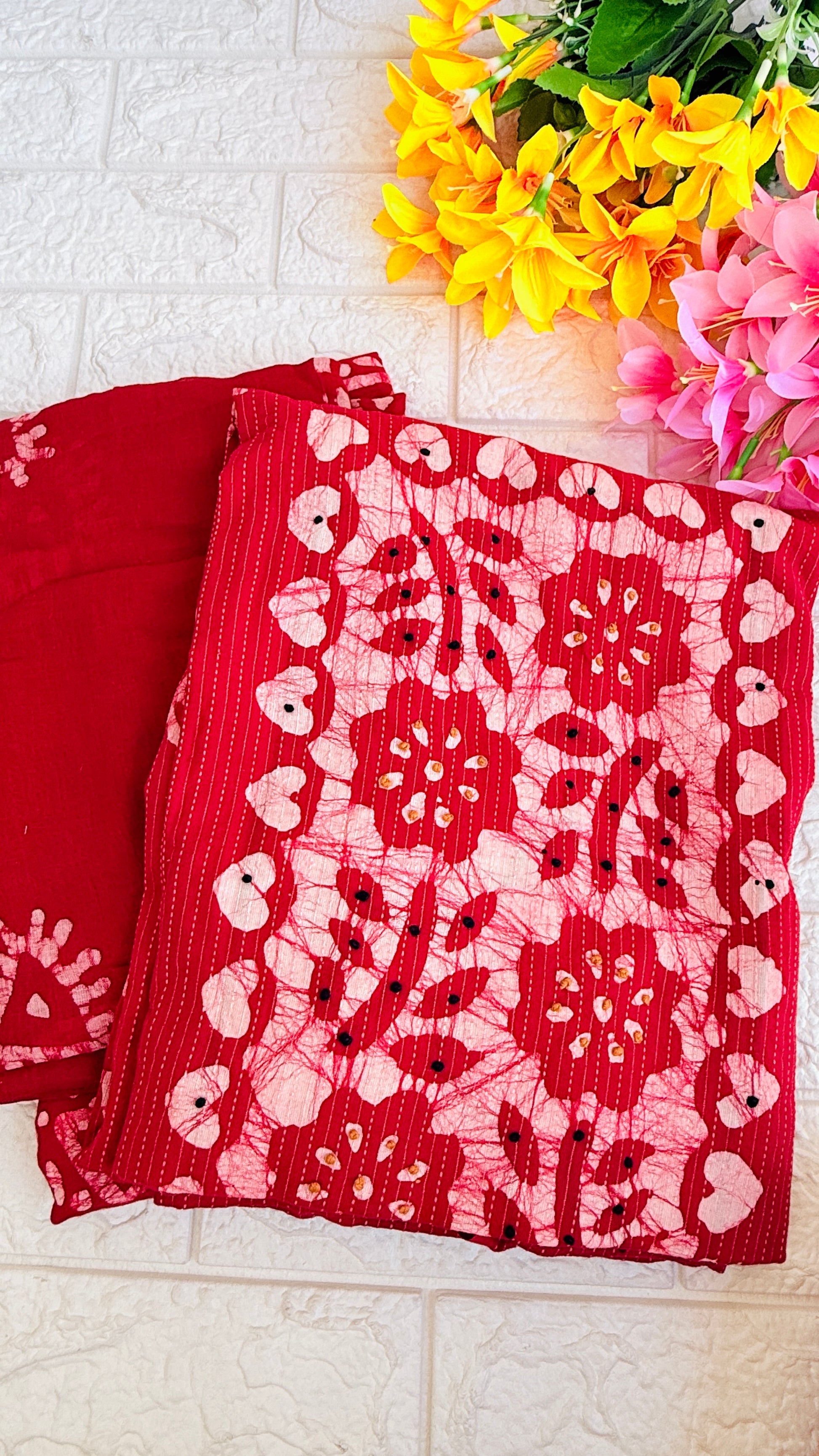 Printed Kantha Cotton Unstiched Churidhar Material RG760 Red