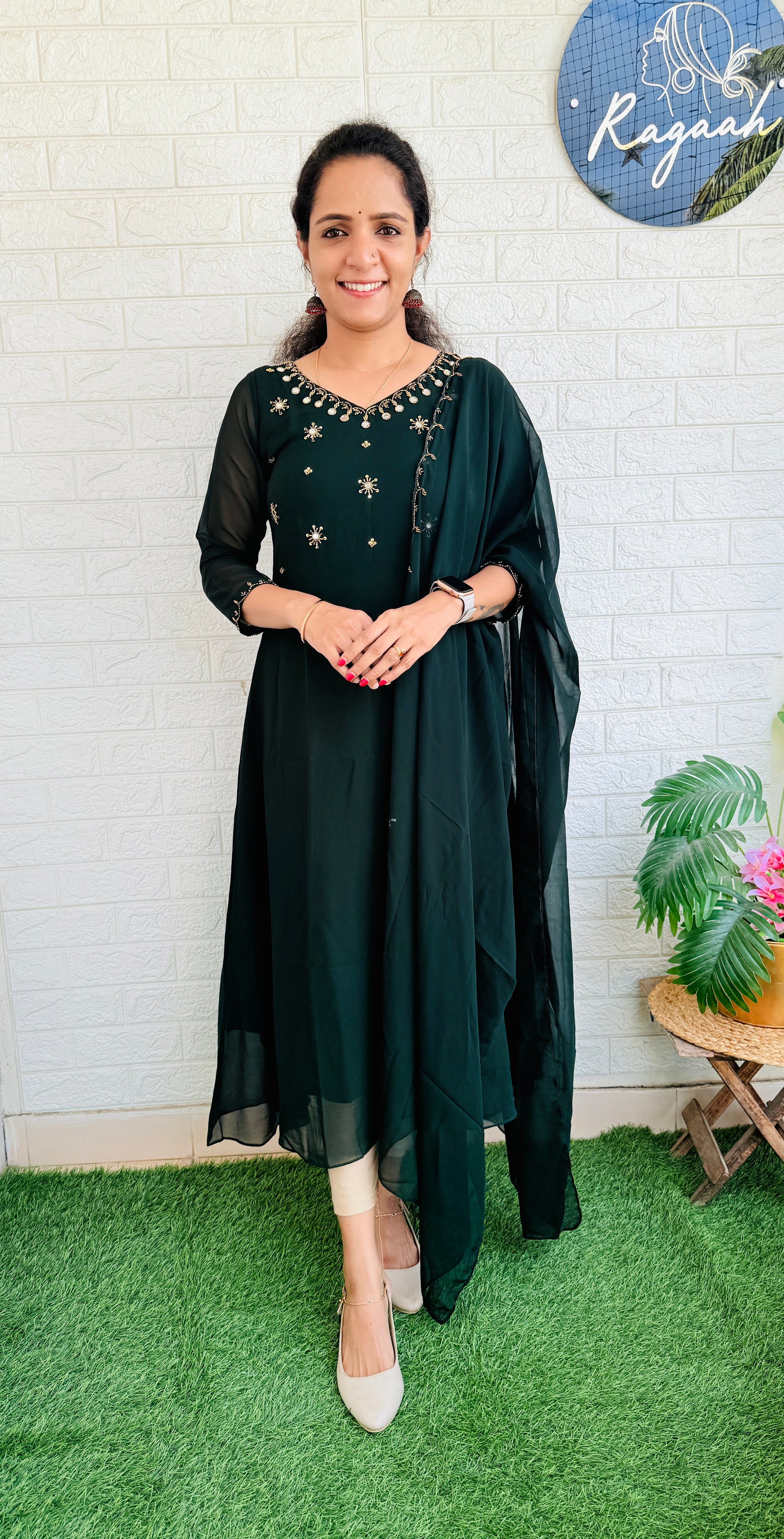 Heavy HandWork Aline Kurti + Dupatta RG762 Green