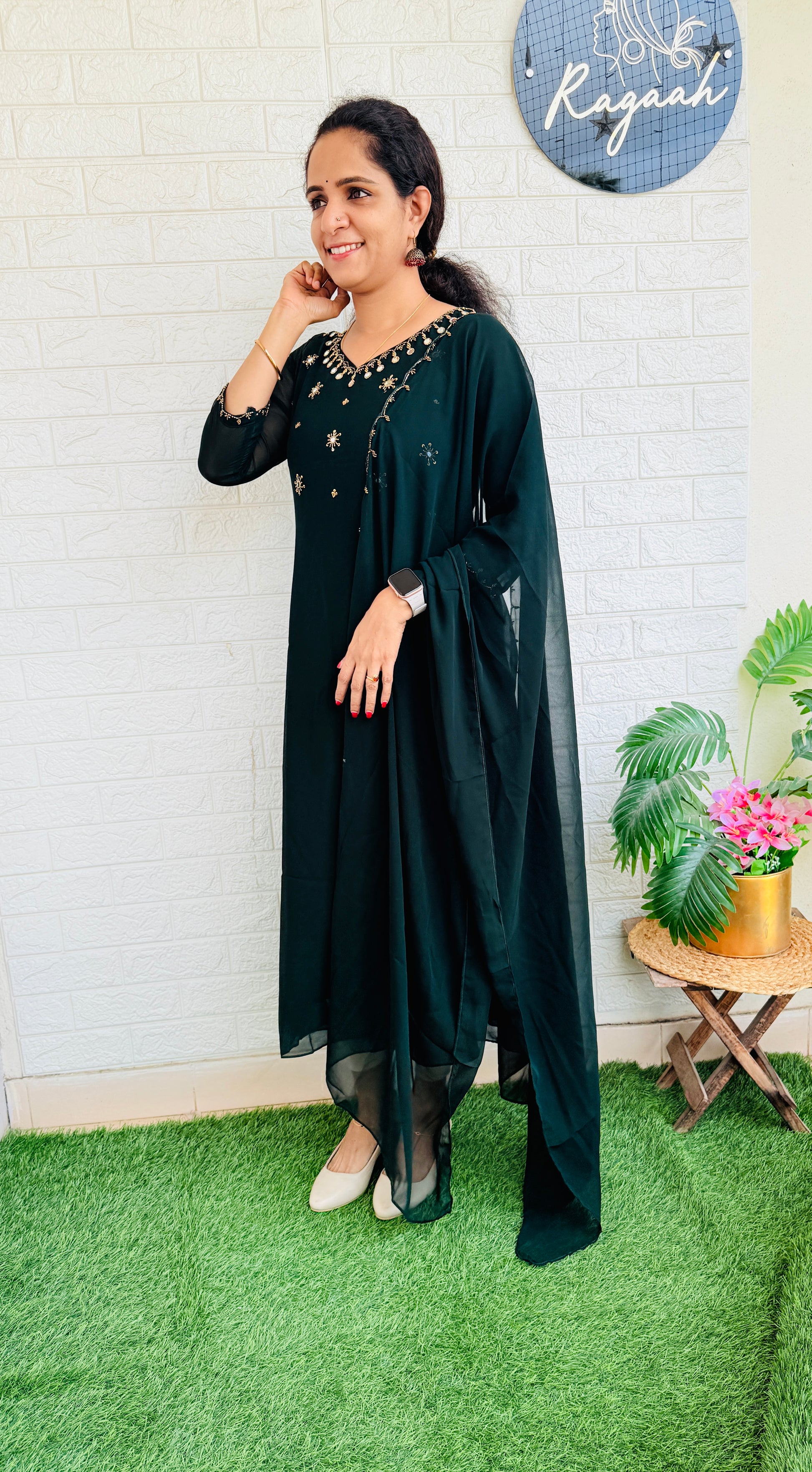Heavy HandWork Aline Kurti + Dupatta RG762 Green