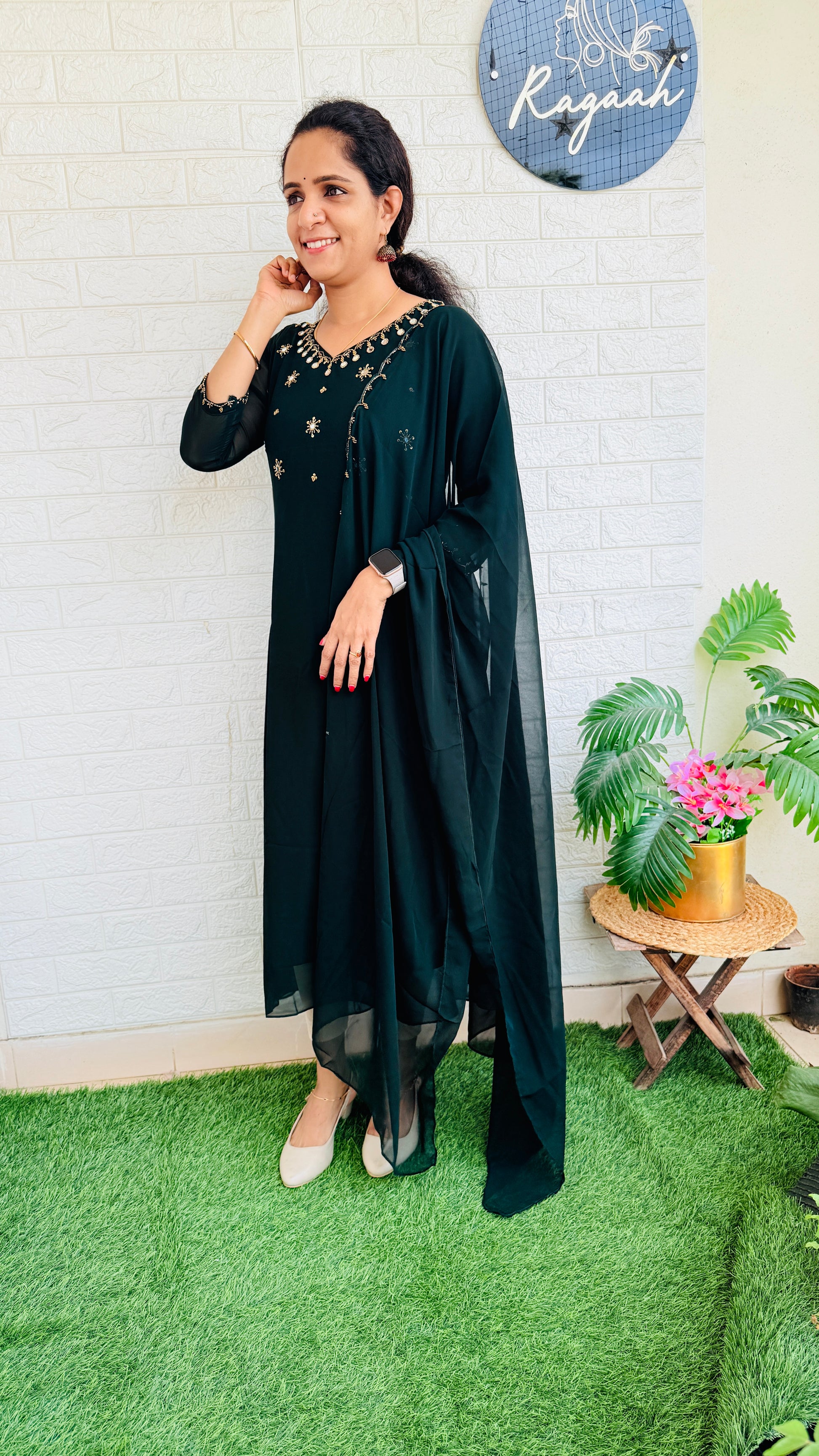 Heavy HandWork Aline Kurti + Dupatta RG762 Green