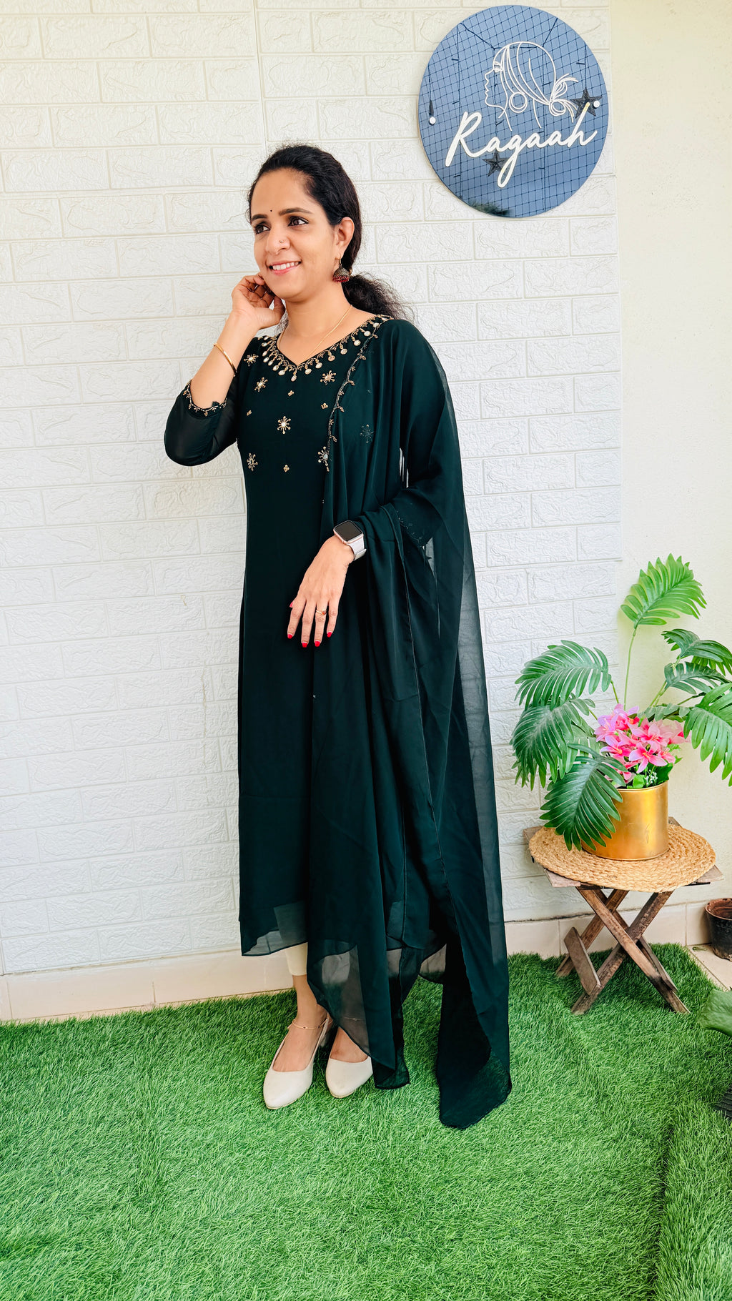 Heavy HandWork Aline Kurti + Dupatta RG762 Green